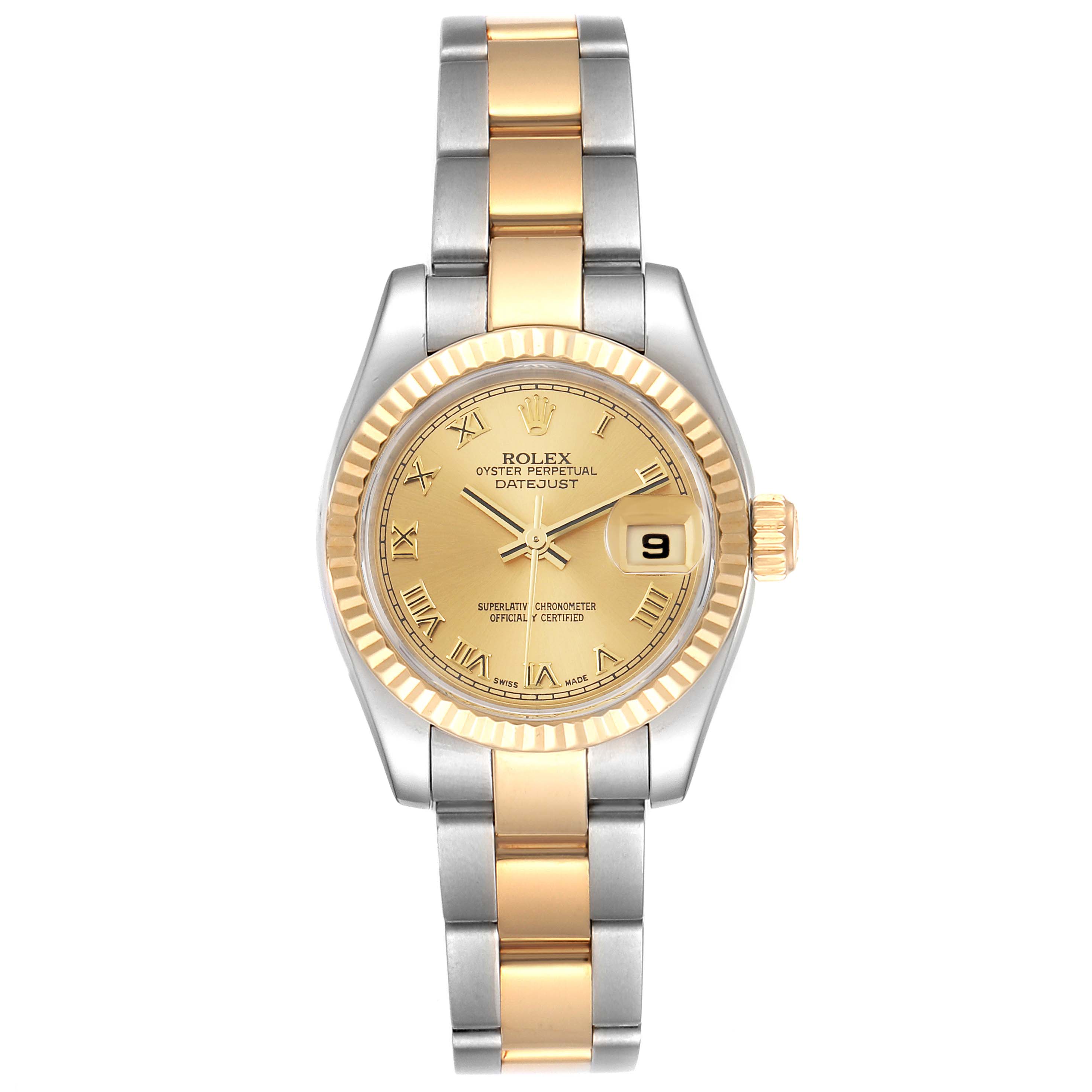 The image shows a front view of a Rolex Datejust 179173 Women's Steel and Gold (two tone) Champagne Dial 179173 Women's Steel and Gold (two tone) Champagne Dial watch featuring a gold dial, fluted bezel, and a two-tone bracelet.