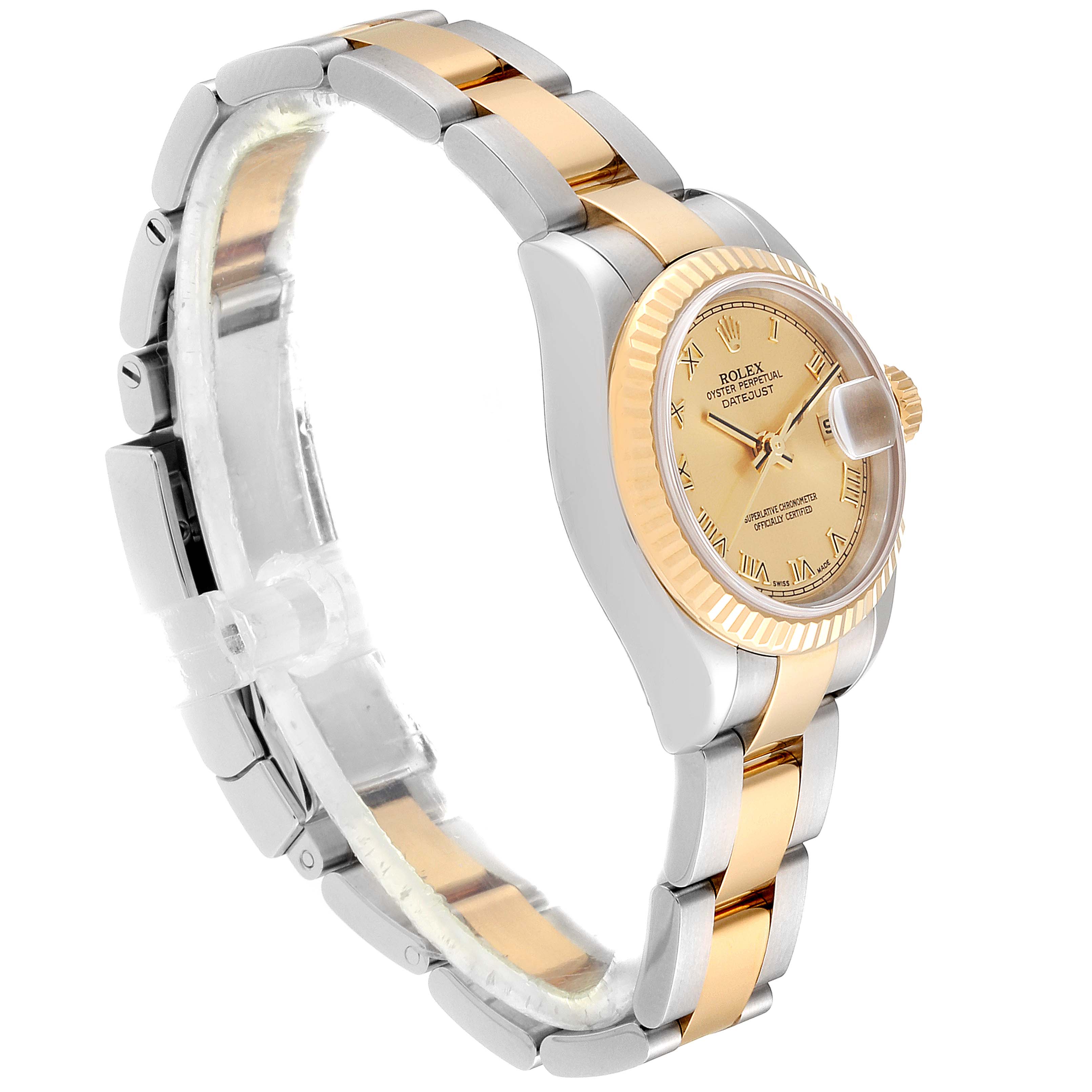 This image shows a Rolex Datejust 179173 Women's Steel and Gold (two tone) Champagne Dial 179173 Women's Steel and Gold (two tone) Champagne Dial watch from a side angle, highlighting the gold-colored face, fluted bezel, and two-tone bracelet.