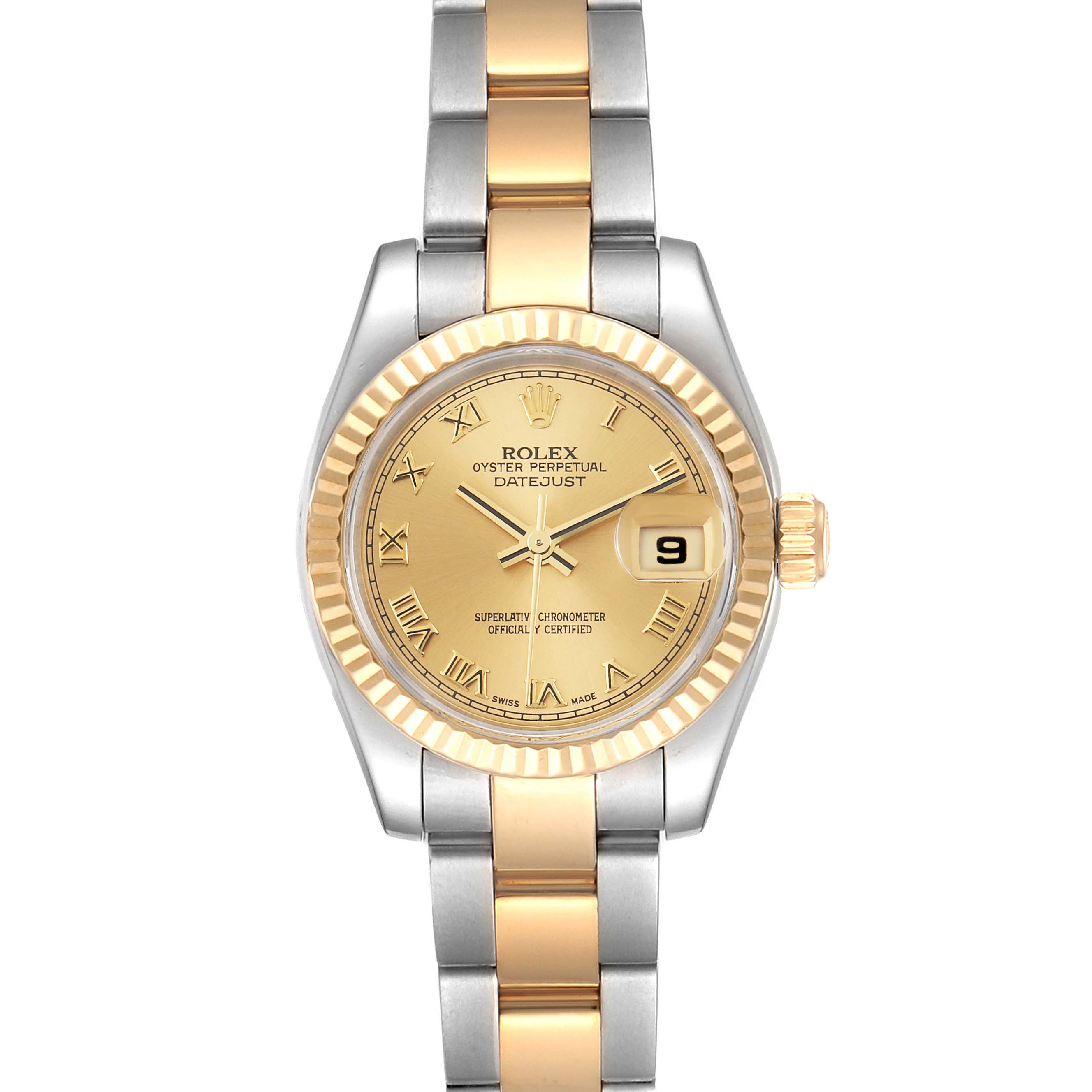 The image shows a front view of a Rolex Datejust 179173 Women's Steel and Gold (two tone) Champagne Dial 179173 Women's Steel and Gold (two tone) Champagne Dial watch, highlighting its dial, bezel, and two-tone bracelet.
