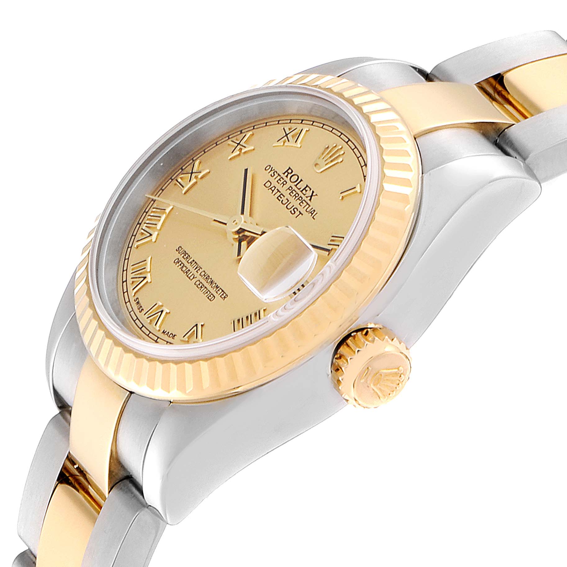 The image shows a side and partial front view of a Rolex Datejust 179173 Women's Steel and Gold (two tone) Champagne Dial 179173 Women's Steel and Gold (two tone) Champagne Dial watch, highlighting the bezel, crown, and part of the bracelet.