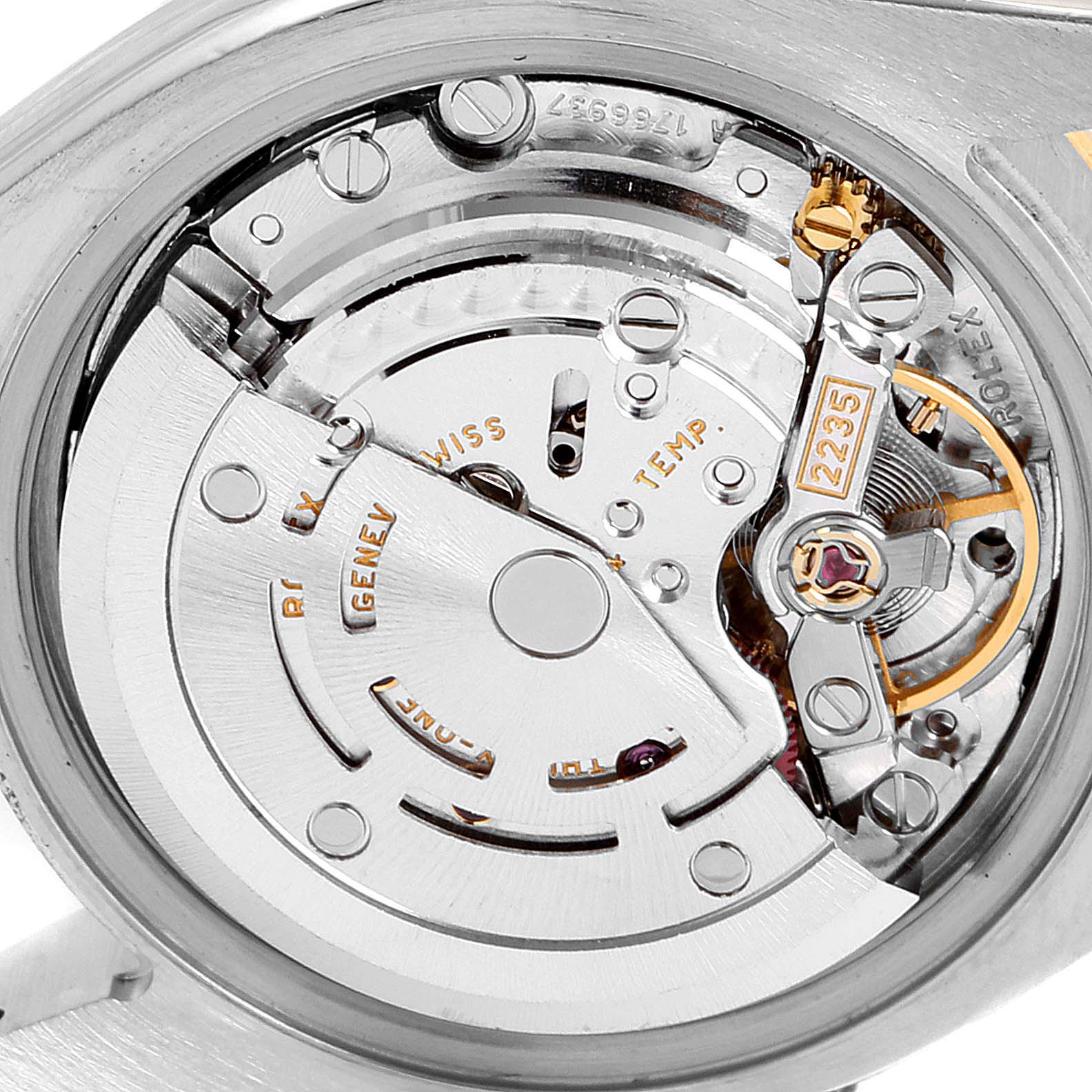 The image shows the internal movement mechanism of the Rolex Datejust 179173 Women's Steel and Gold (two tone) Champagne Dial 179173 Women's Steel and Gold (two tone) Champagne Dial watch from a back angle.