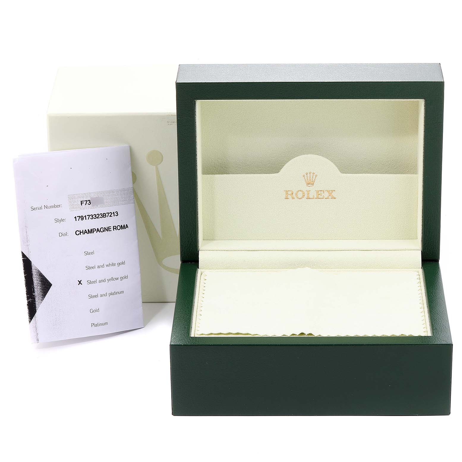 The image shows an open Rolex Datejust 179173 Women's Steel and Gold (two tone) Champagne Dial 179173 Women's Steel and Gold (two tone) Champagne Dial watch box along with its documentation.