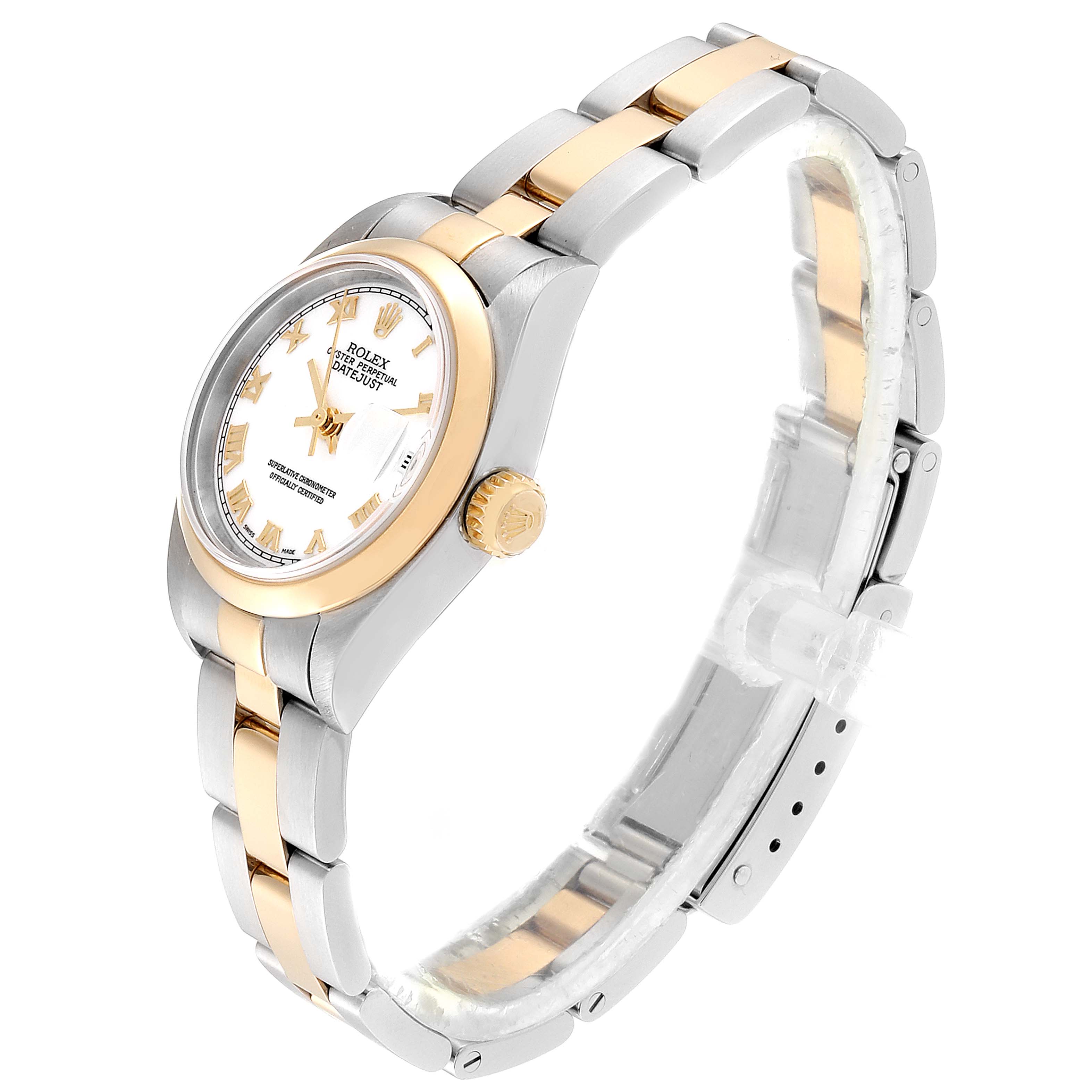 This image shows a Rolex Datejust 79163 Women's Steel and Gold (two tone) White Dial 79163 Women's Steel and Gold (two tone) White Dial watch from an angled side view, highlighting the two-tone bracelet, crown, and part of the dial.
