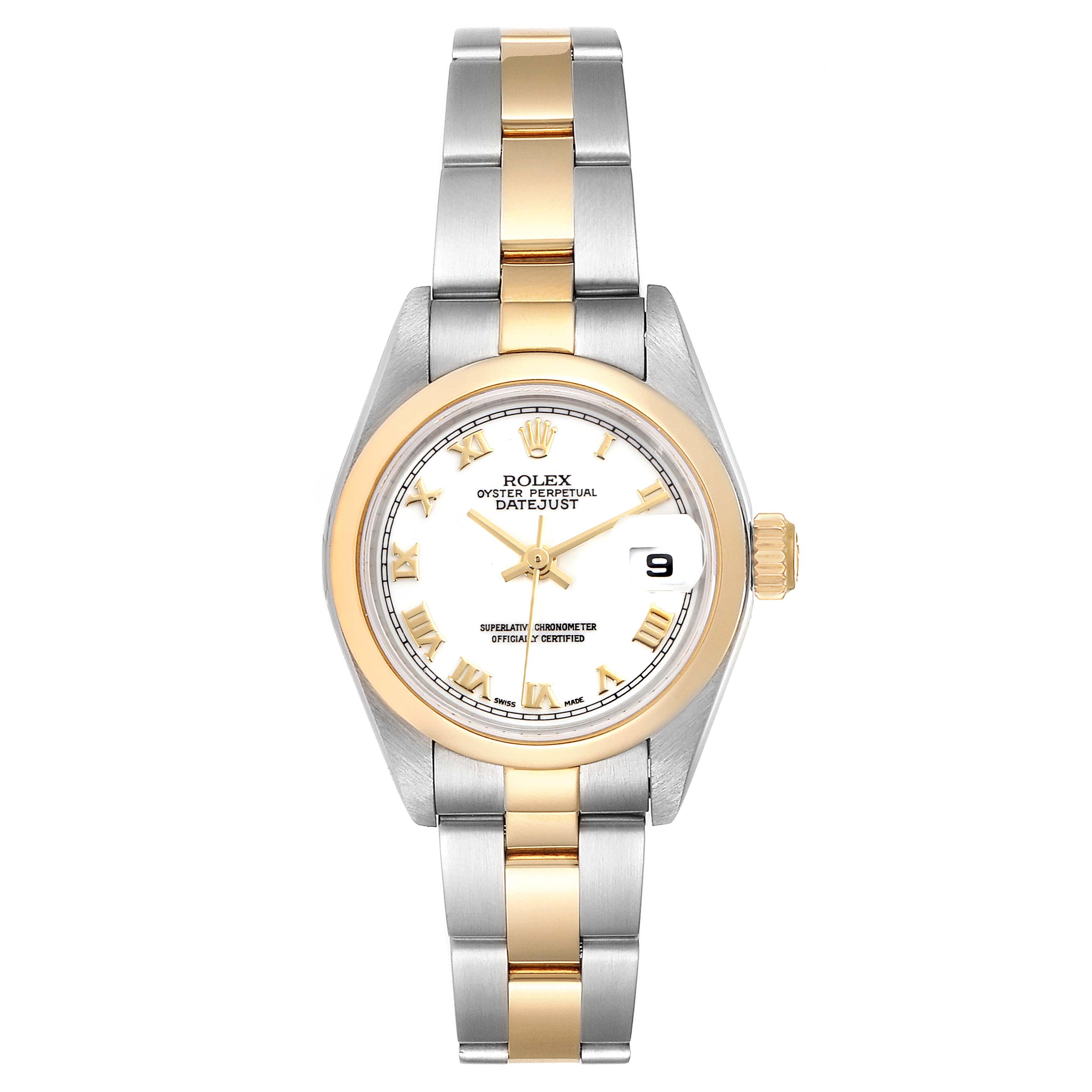 The image shows a Rolex Datejust 79163 Women's Steel and Gold (two tone) White Dial 79163 Women's Steel and Gold (two tone) White Dial watch from a top-down angle, highlighting its face, bezel, and metal bracelet.