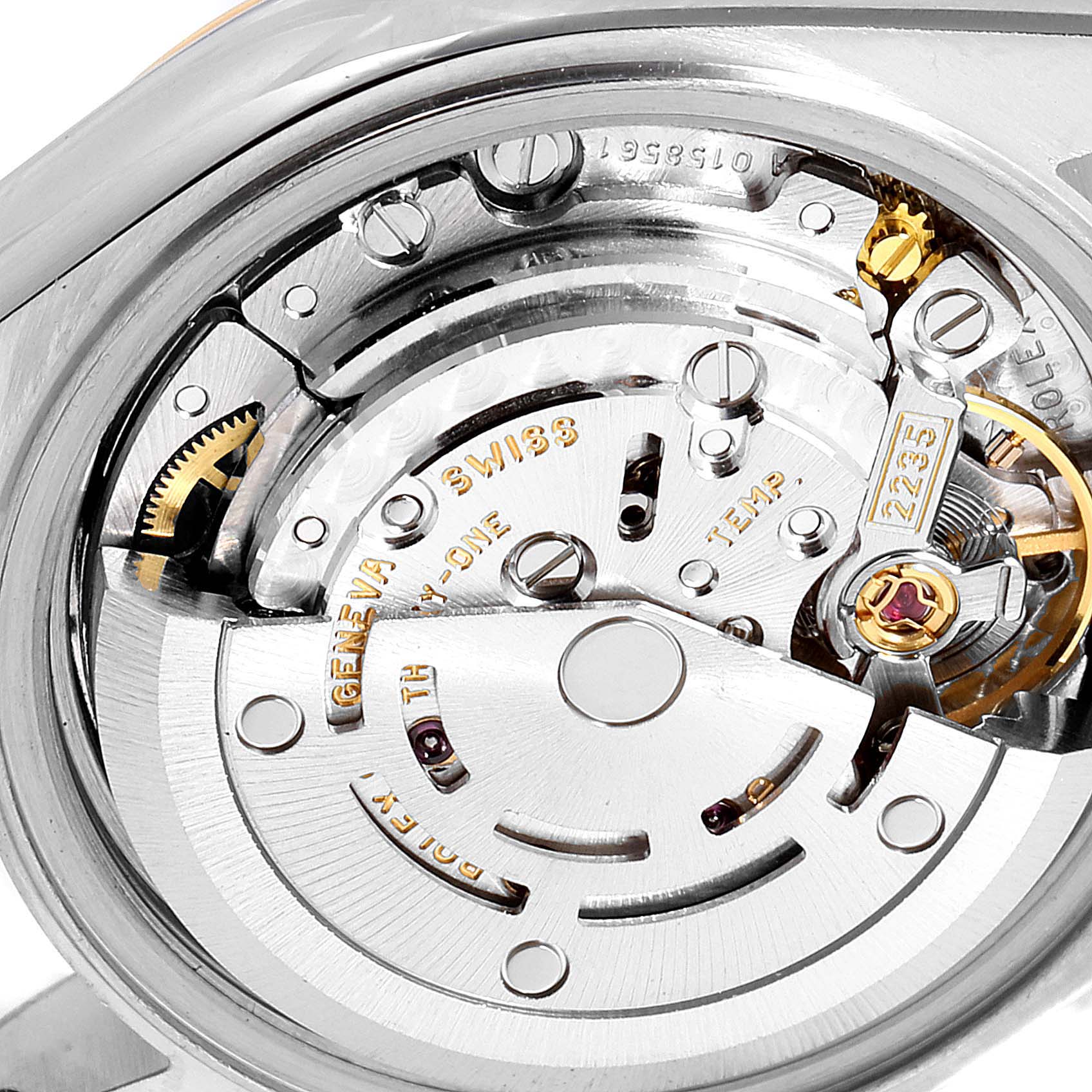 This image shows the movement mechanism of a Rolex Datejust 79163 Women's Steel and Gold (two tone) White Dial 79163 Women's Steel and Gold (two tone) White Dial model viewed from the back.
