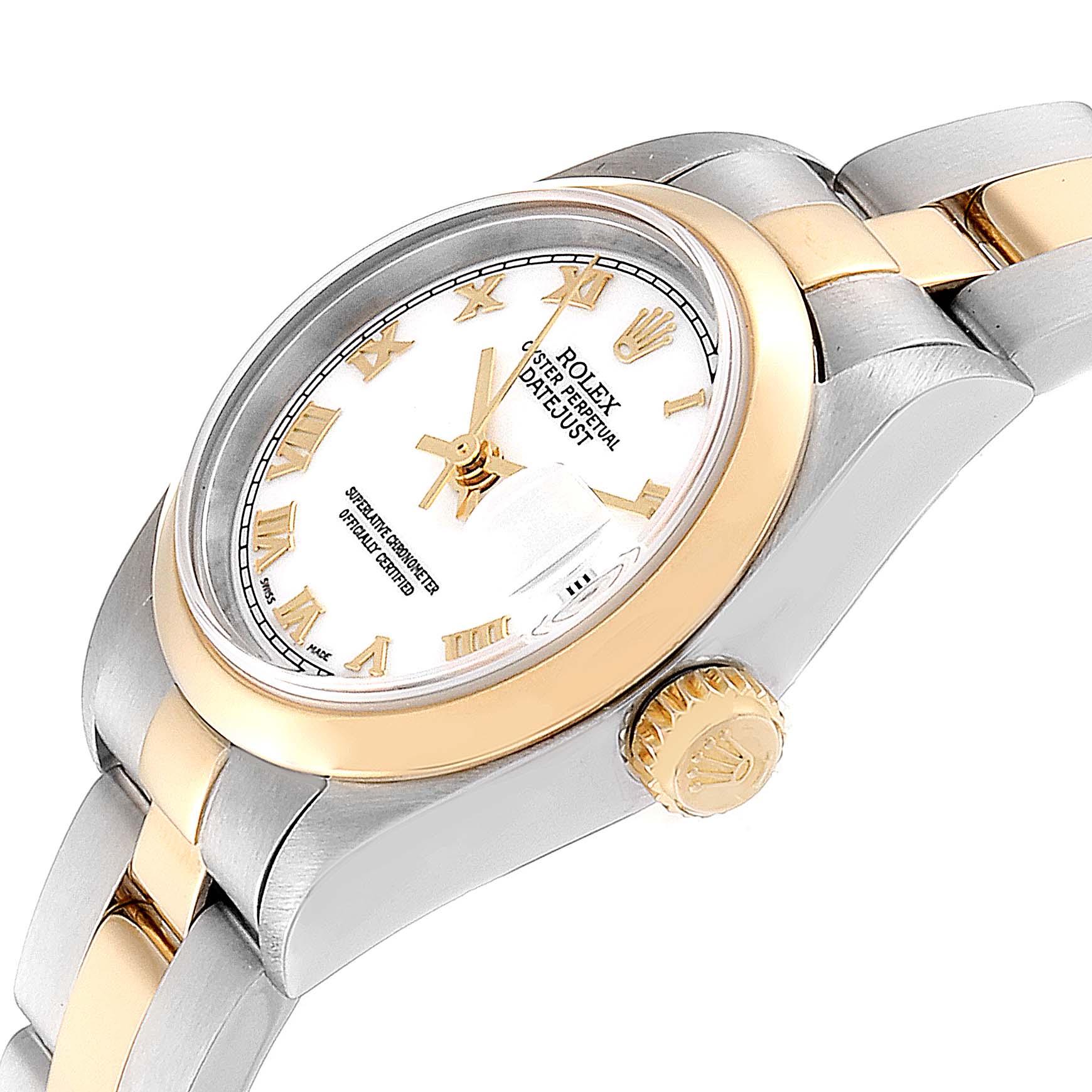 The image shows a close-up angle of the Rolex Datejust 79163 Women's Steel and Gold (two tone) White Dial 79163 Women's Steel and Gold (two tone) White Dial watch, highlighting the face, crown, and part of the band.