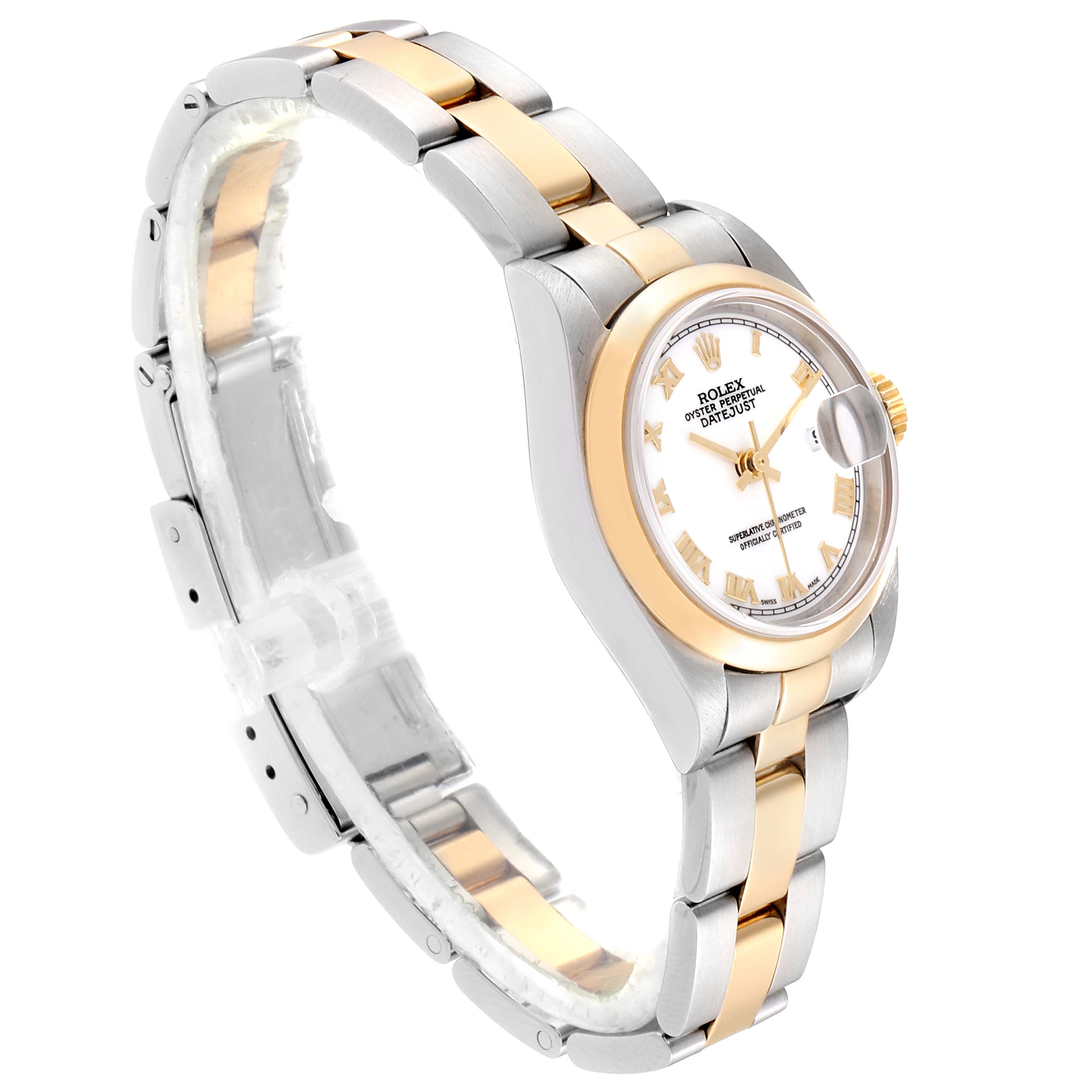 This image shows a Rolex Datejust 79163 Women's Steel and Gold (two tone) White Dial 79163 Women's Steel and Gold (two tone) White Dial watch from a side-angle displaying its band and dial.