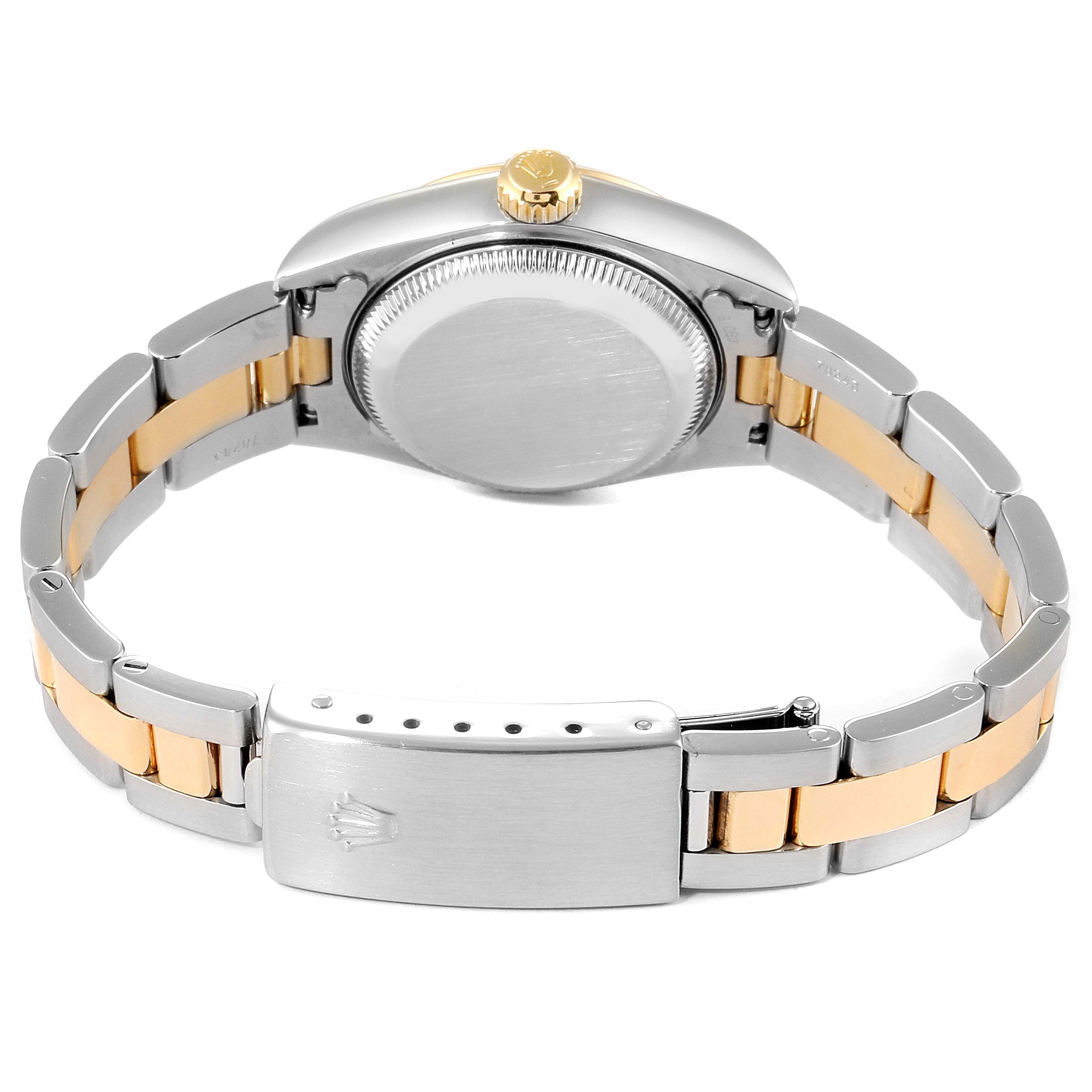 The image shows the back view of the Rolex Datejust 79163 Women's Steel and Gold (two tone) White Dial 79163 Women's Steel and Gold (two tone) White Dial watch, highlighting its case back, crown, and two-tone bracelet with a clasp.