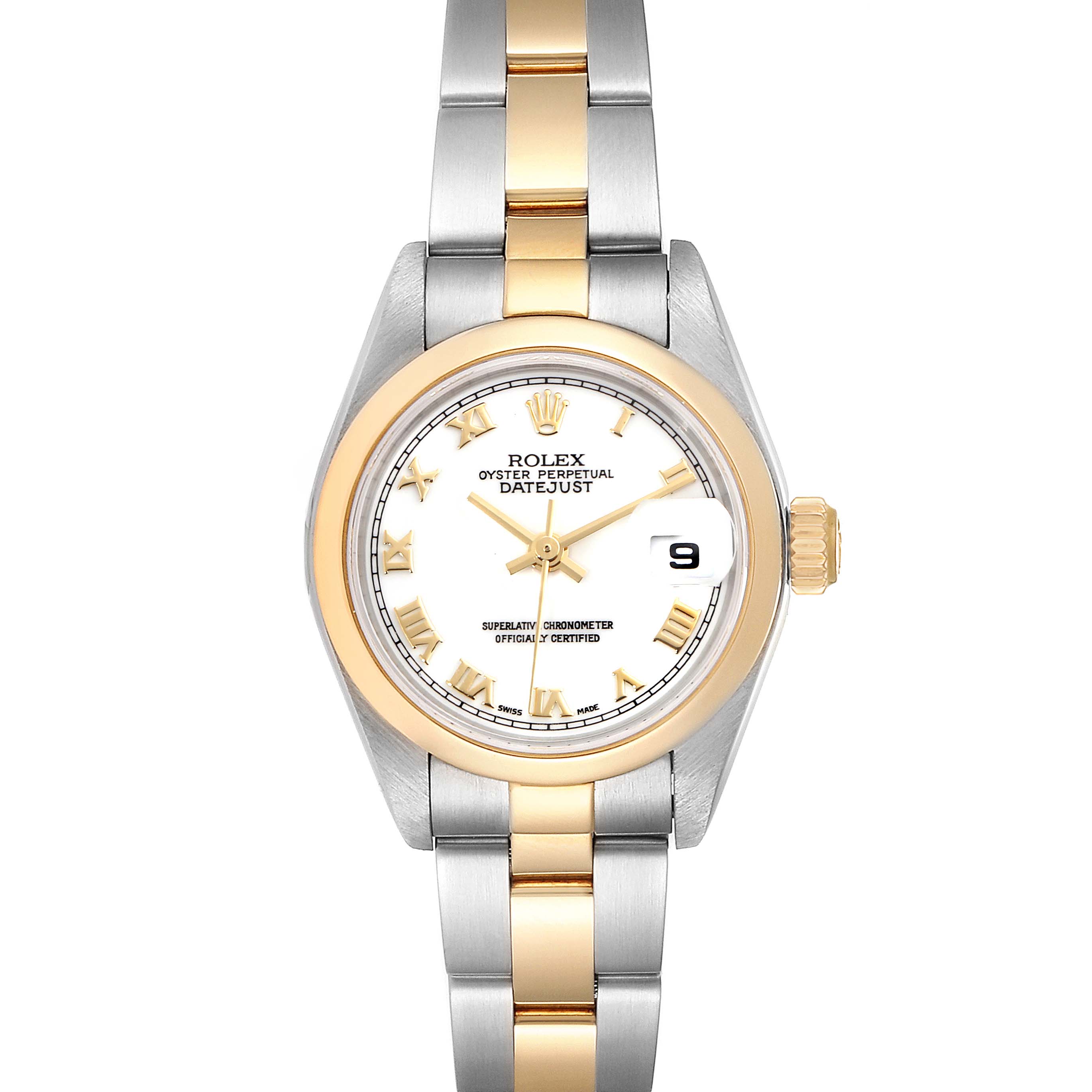 This Rolex Datejust 79163 Women's Steel and Gold (two tone) White Dial 79163 Women's Steel and Gold (two tone) White Dial watch is shown from the front, displaying the face, bezel, and two-tone metal bracelet.