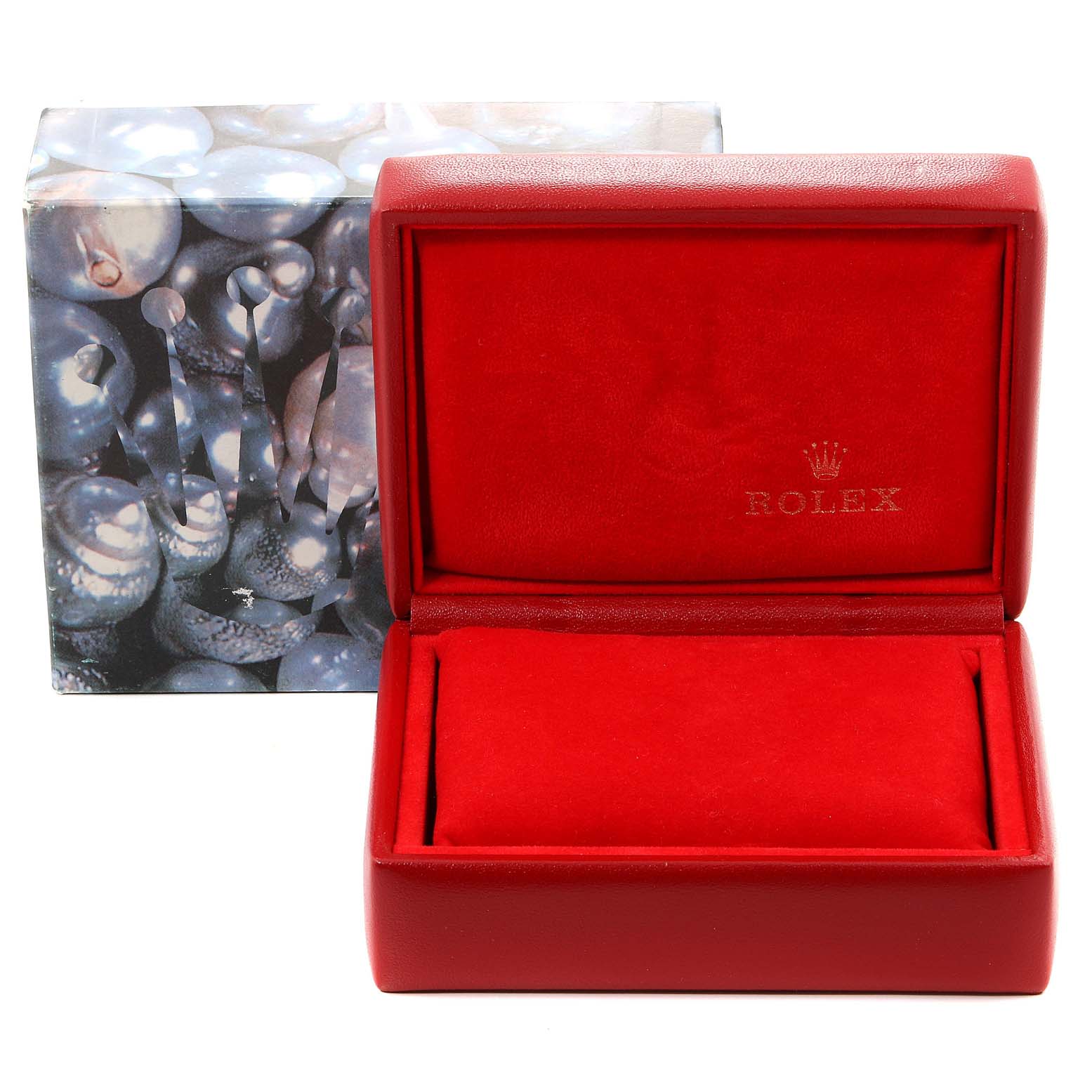 The image shows a red Rolex Datejust 79163 Women's Steel and Gold (two tone) White Dial 79163 Women's Steel and Gold (two tone) White Dial watch box and its packaging at a straight-on angle.