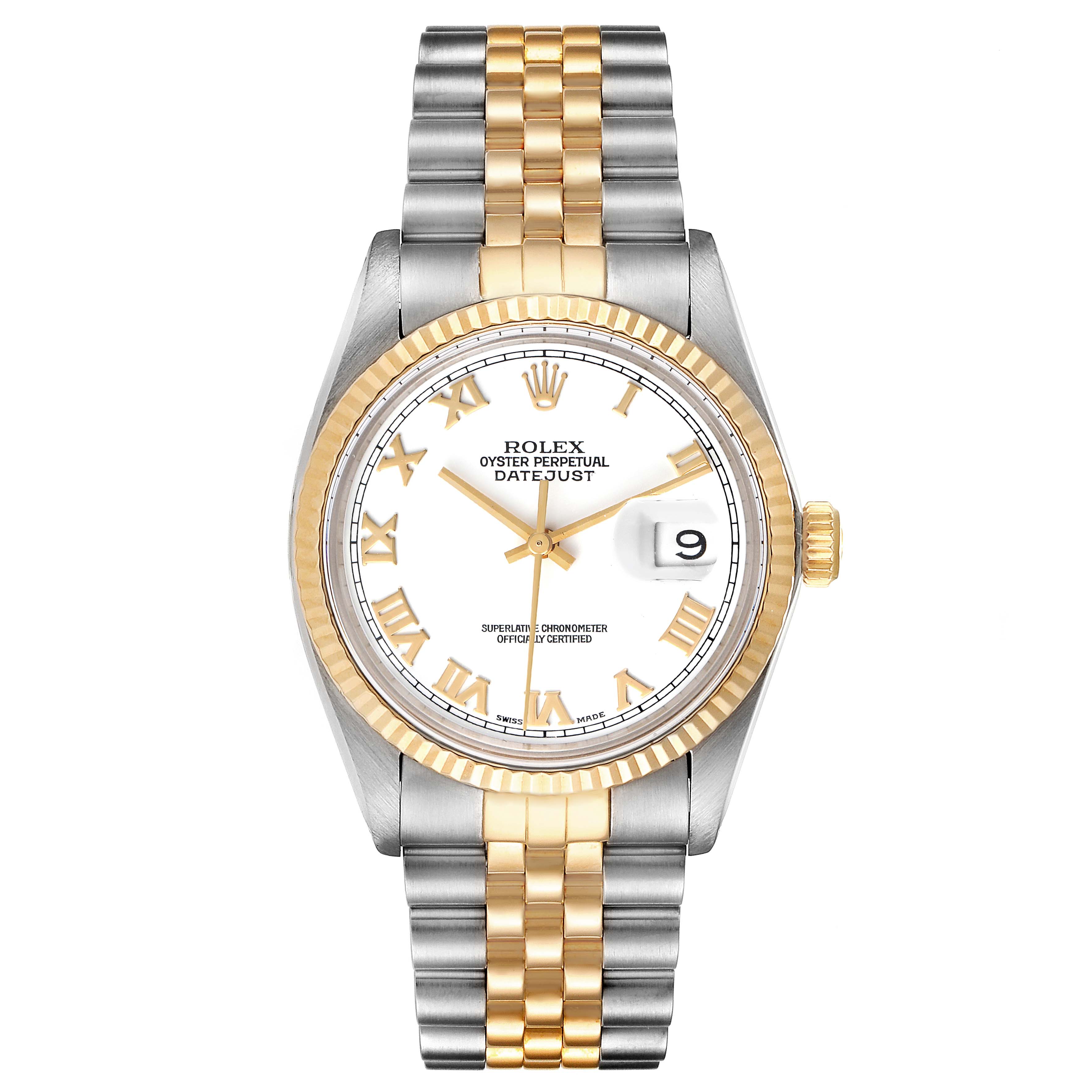 This image shows a frontal view of a Rolex Datejust 16013 Men's Steel and Gold (two tone) White Dial 16013 Men's Steel and Gold (two tone) White Dial, featuring the dial, hands, date window, and two-tone metal bracelet.