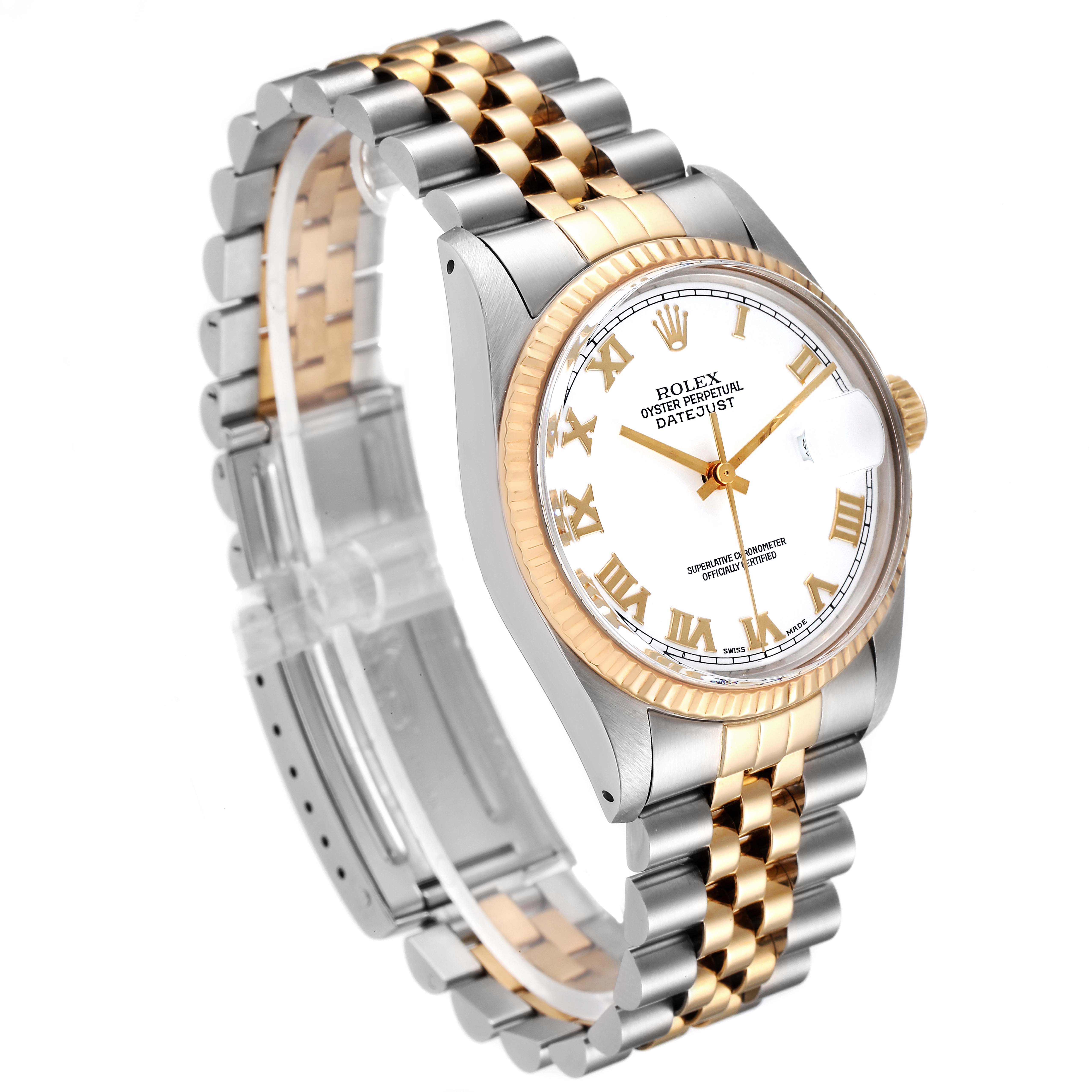 The Rolex Datejust 16013 Men's Steel and Gold (two tone) White Dial 16013 Men's Steel and Gold (two tone) White Dial watch is shown at a three-quarter angle, highlighting its two-tone bracelet, fluted bezel, and Roman numeral dial.