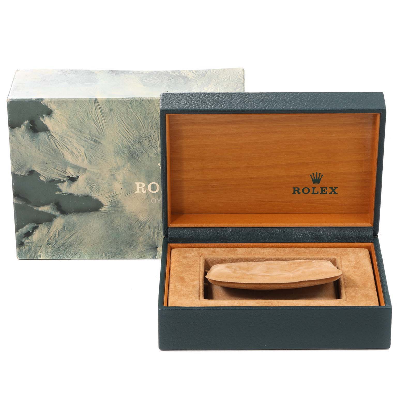 The image shows a Rolex Datejust 16013 Men's Steel and Gold (two tone) White Dial 16013 Men's Steel and Gold (two tone) White Dial watch box and packaging from a frontal angle, with the box open and empty.