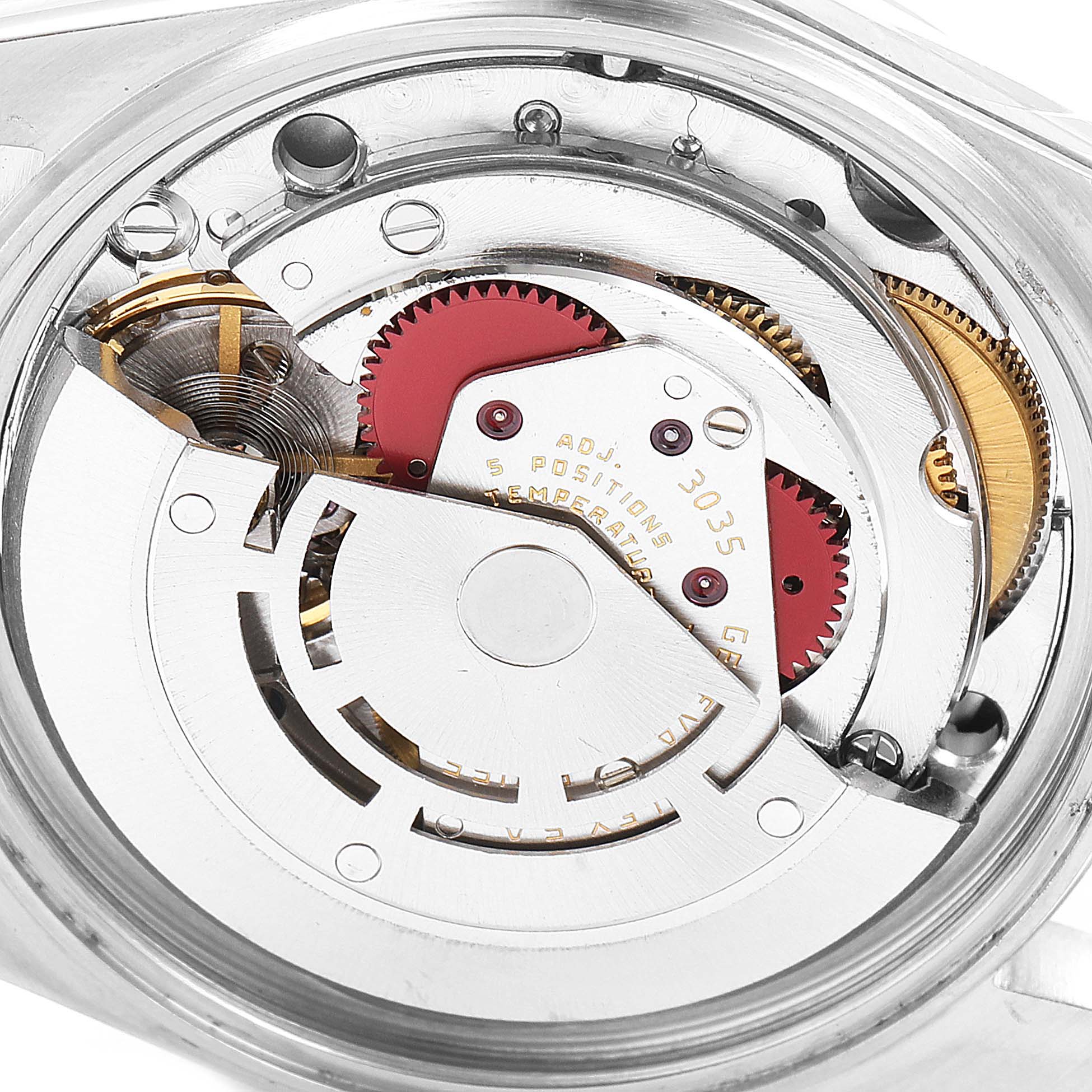 The image shows the internal movement mechanism of a Rolex Datejust 16013 Men's Steel and Gold (two tone) White Dial 16013 Men's Steel and Gold (two tone) White Dial watch from a close-up angle.