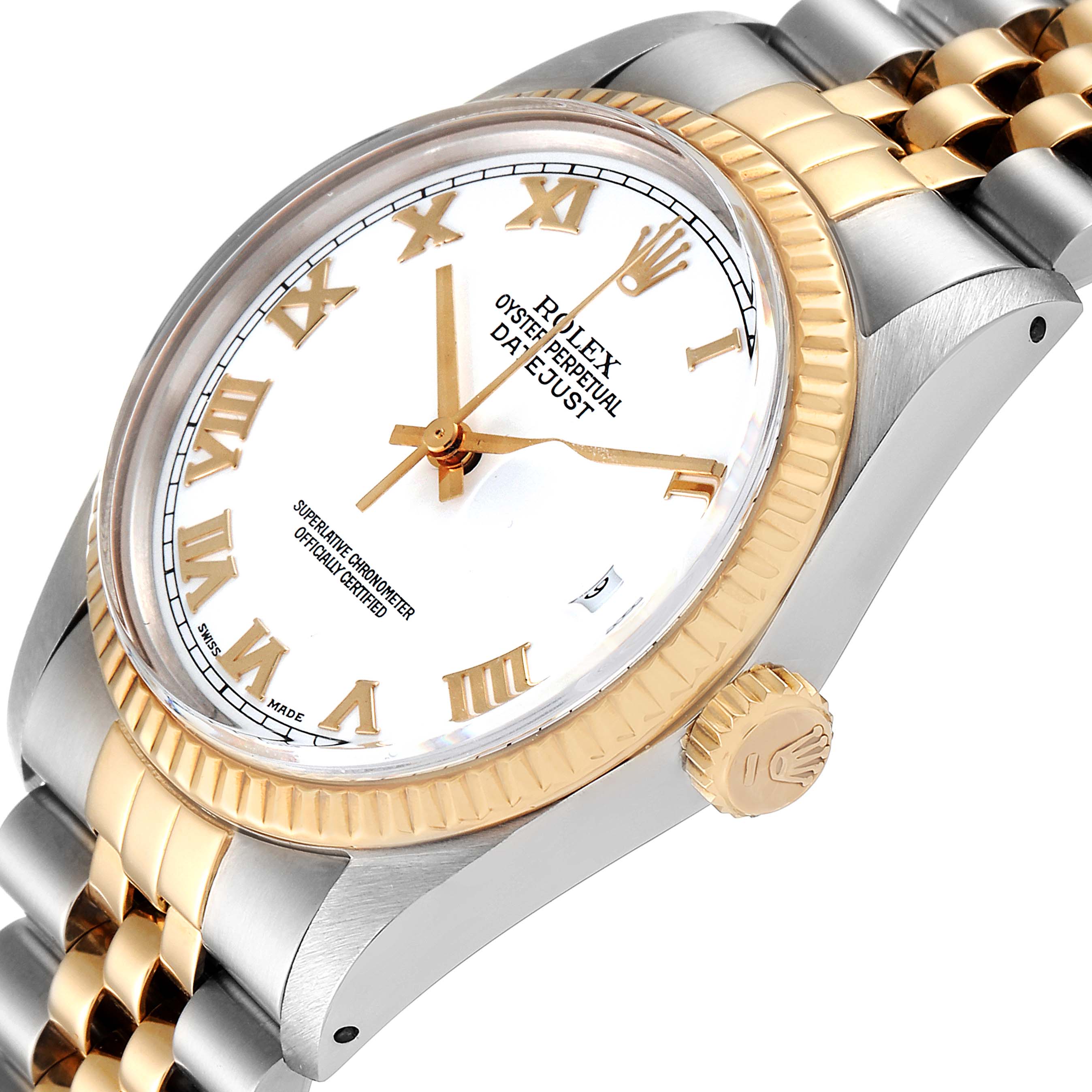 The image shows a Rolex Datejust 16013 Men's Steel and Gold (two tone) White Dial 16013 Men's Steel and Gold (two tone) White Dial watch at an oblique angle, highlighting the dial, bezel, crown, and part of the bracelet.