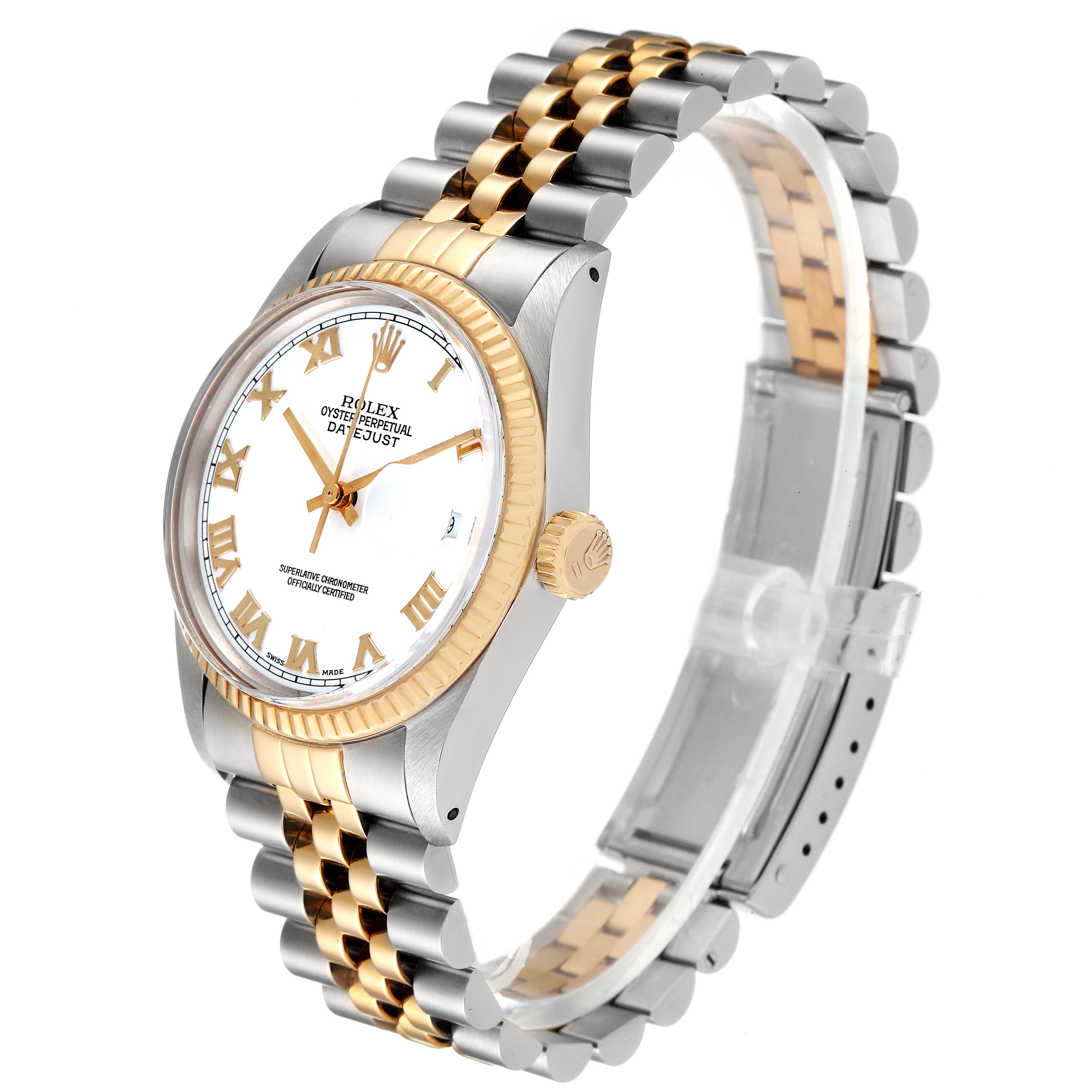The Rolex Datejust 16013 Men's Steel and Gold (two tone) White Dial 16013 Men's Steel and Gold (two tone) White Dial watch is shown at a three-quarter angle, displaying the face, bezel, crown, and two-tone bracelet.