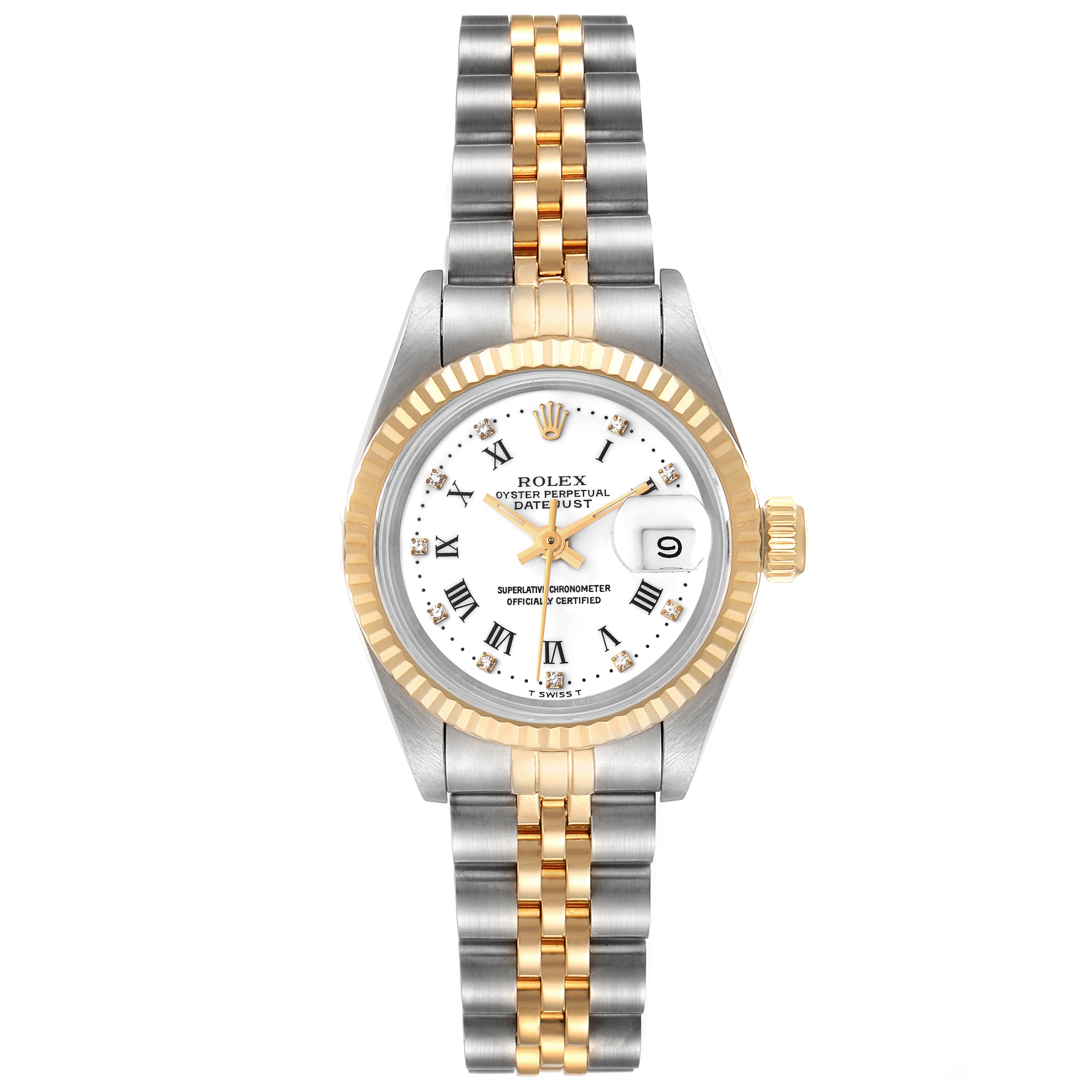 The image shows a front view of a Rolex Datejust 69173 Women's Steel and Gold (two tone) White Dial 69173 Women's Steel and Gold (two tone) White Dial watch, displaying its dual-tone bracelet, fluted bezel, and white dial with Roman numerals.
