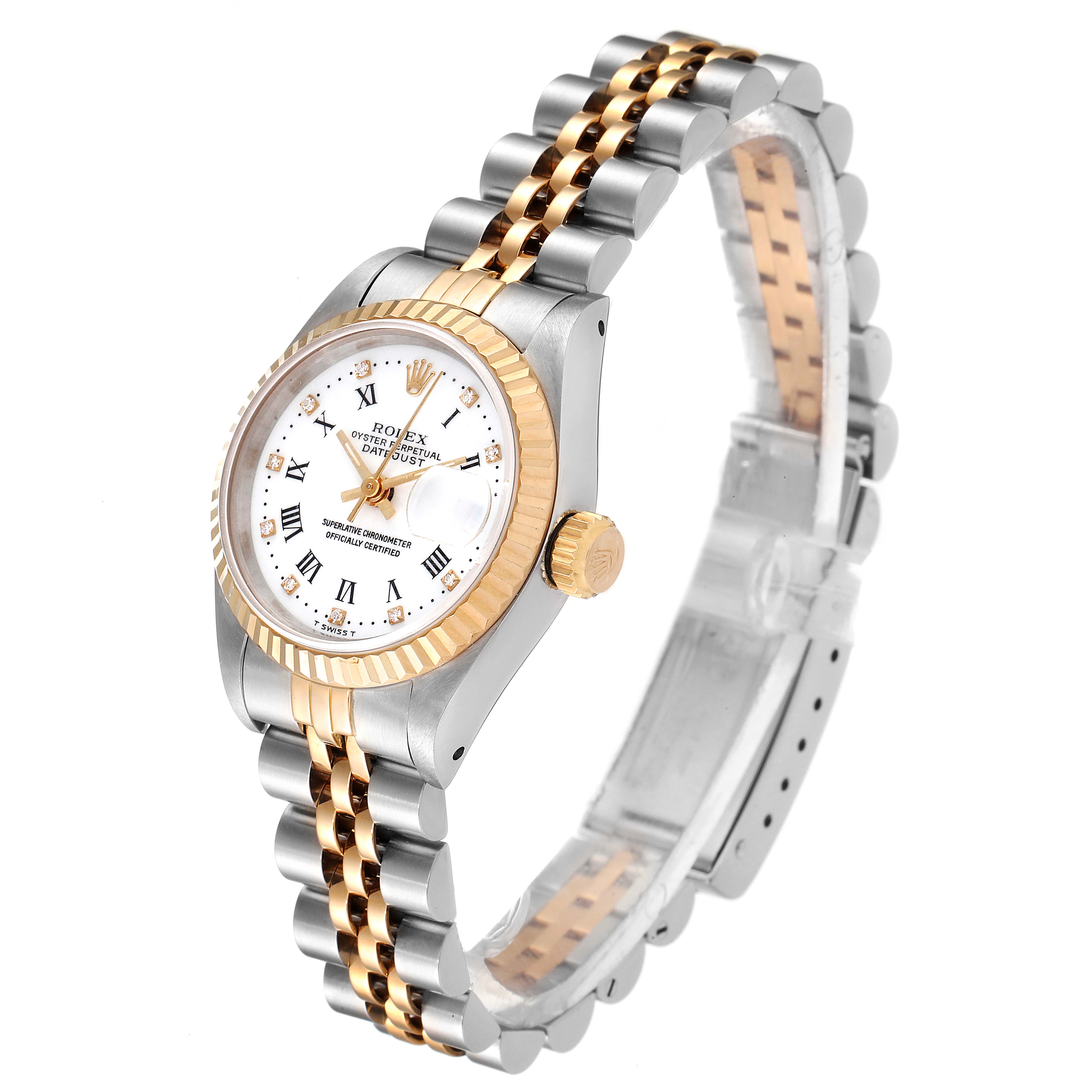 This Rolex Datejust 69173 Women's Steel and Gold (two tone) White Dial 69173 Women's Steel and Gold (two tone) White Dial watch is shown at a slight angle, highlighting the dial, bezel, crown, and the two-tone Jubilee bracelet.