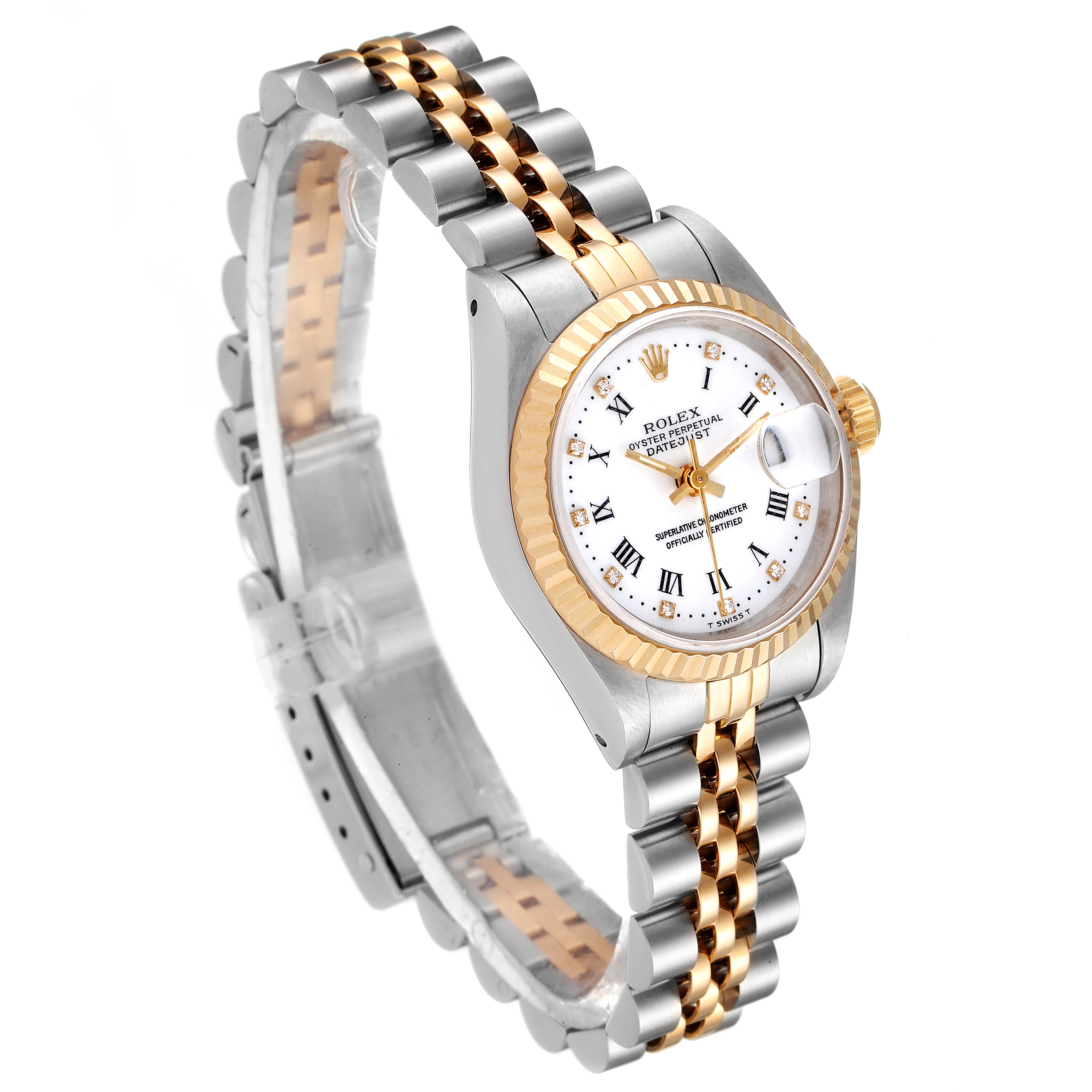 This is a Rolex Datejust 69173 Women's Steel and Gold (two tone) White Dial 69173 Women's Steel and Gold (two tone) White Dial watch shown at a three-quarter angle, displaying its face, bezel, crown, and two-tone bracelet.