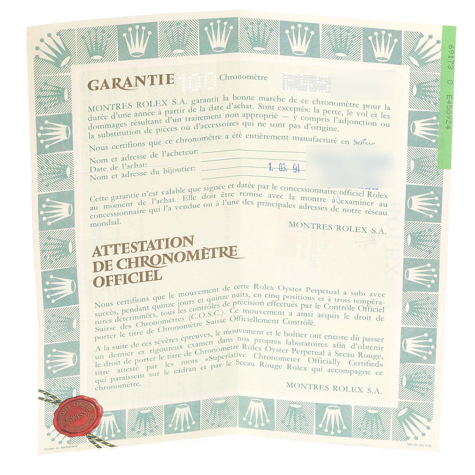 The image shows a warranty document for the Rolex Datejust 69173 Women's Steel and Gold (two tone) White Dial 69173 Women's Steel and Gold (two tone) White Dial model, including the official chronometer certification.