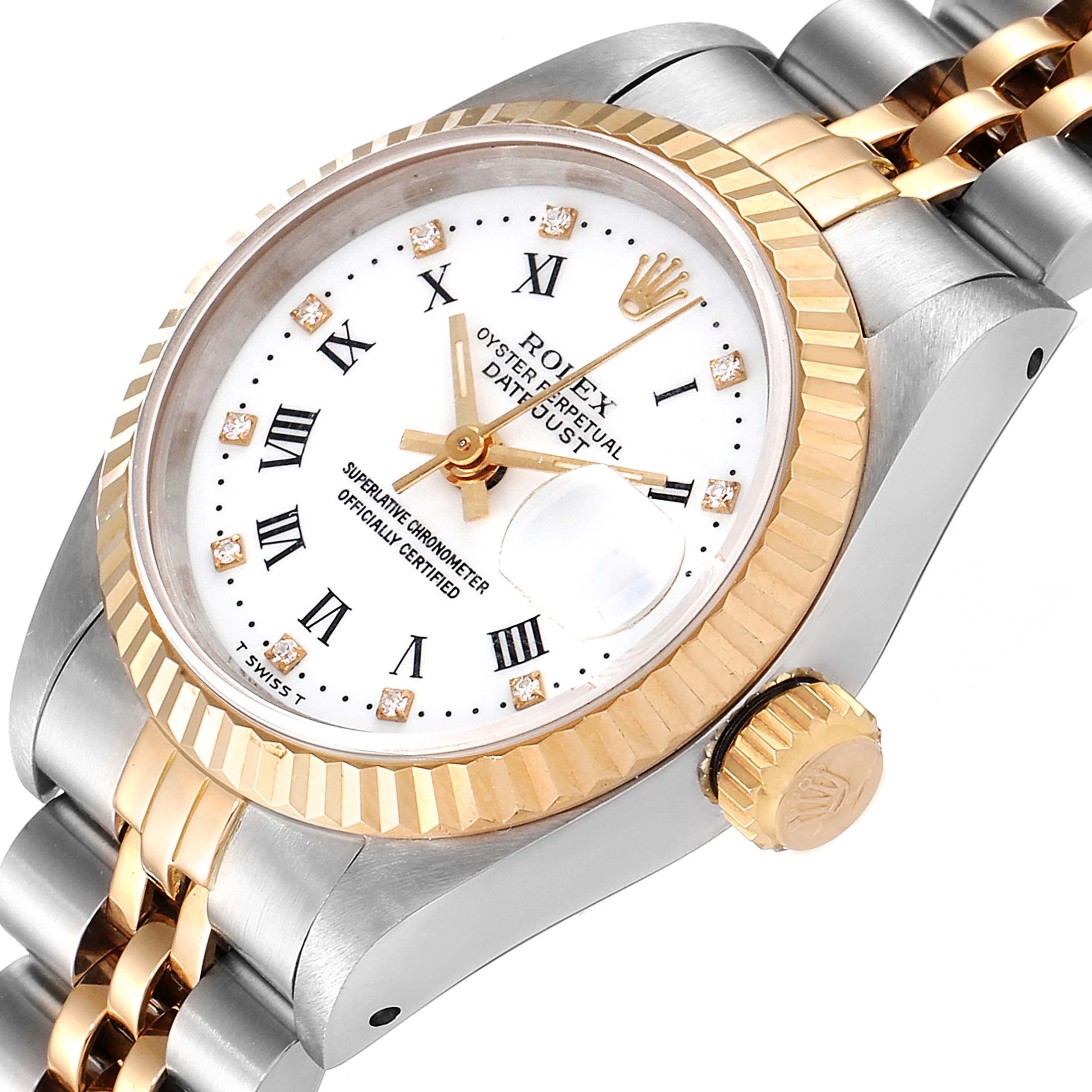 This image shows a close-up, angled view of the Rolex Datejust 69173 Women's Steel and Gold (two tone) White Dial 69173 Women's Steel and Gold (two tone) White Dial, featuring its dial, bezel, crown, and part of the bracelet.