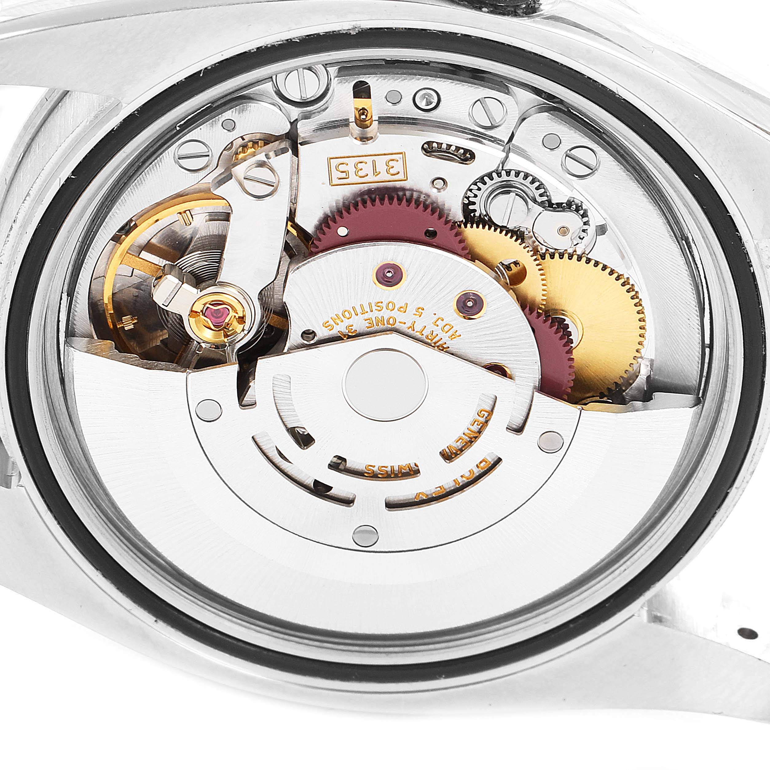 The image shows the back of a Rolex Turn-o-Graph 116264 Men's Stainless Steel Black Dial 116264 Men's Stainless Steel Black Dial watch, revealing its intricate internal mechanical movement.