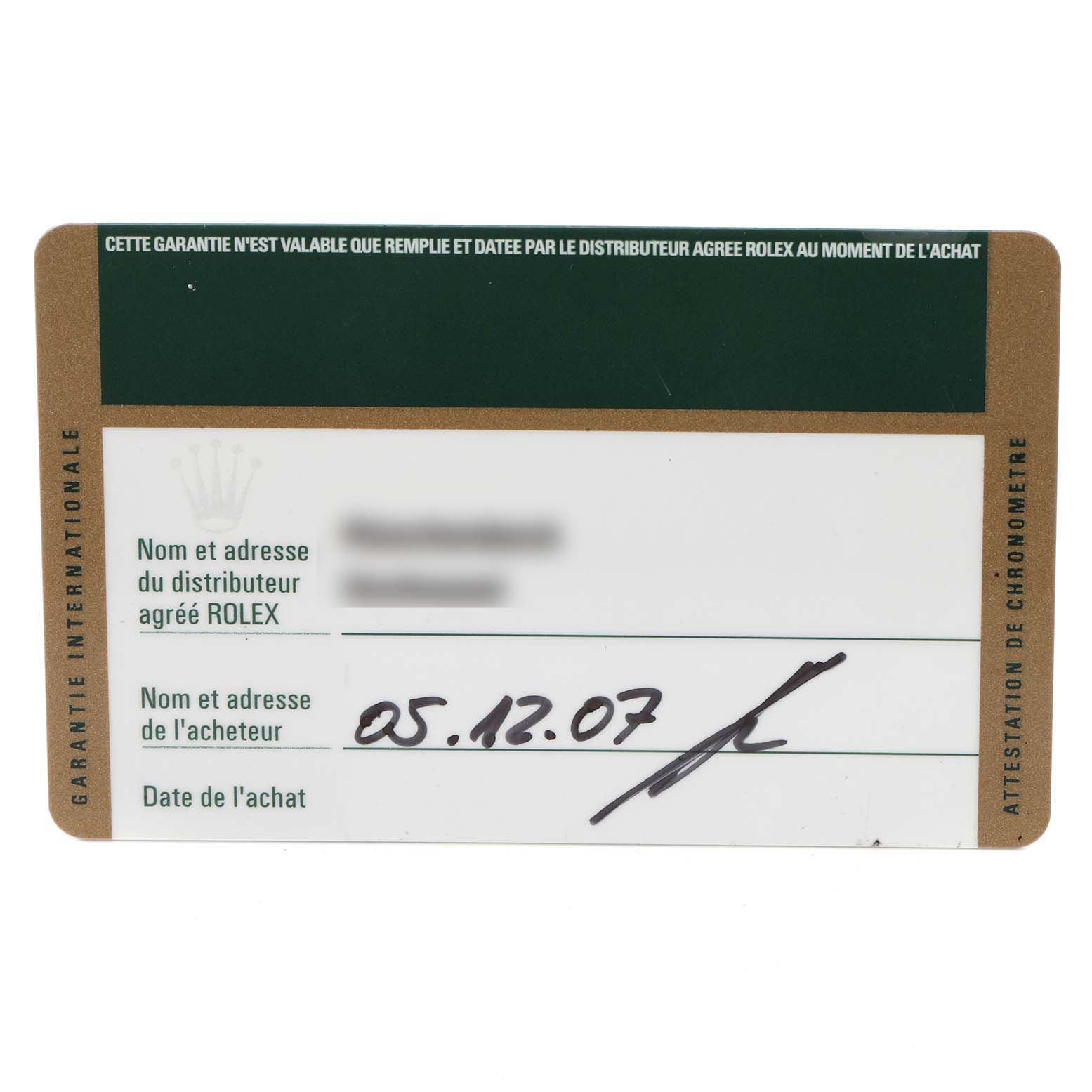 The image shows a guarantee card for a Rolex Turn-o-Graph 116264 Men's Stainless Steel Black Dial 116264 Men's Stainless Steel Black Dial watch, displaying purchase information and warranty details.