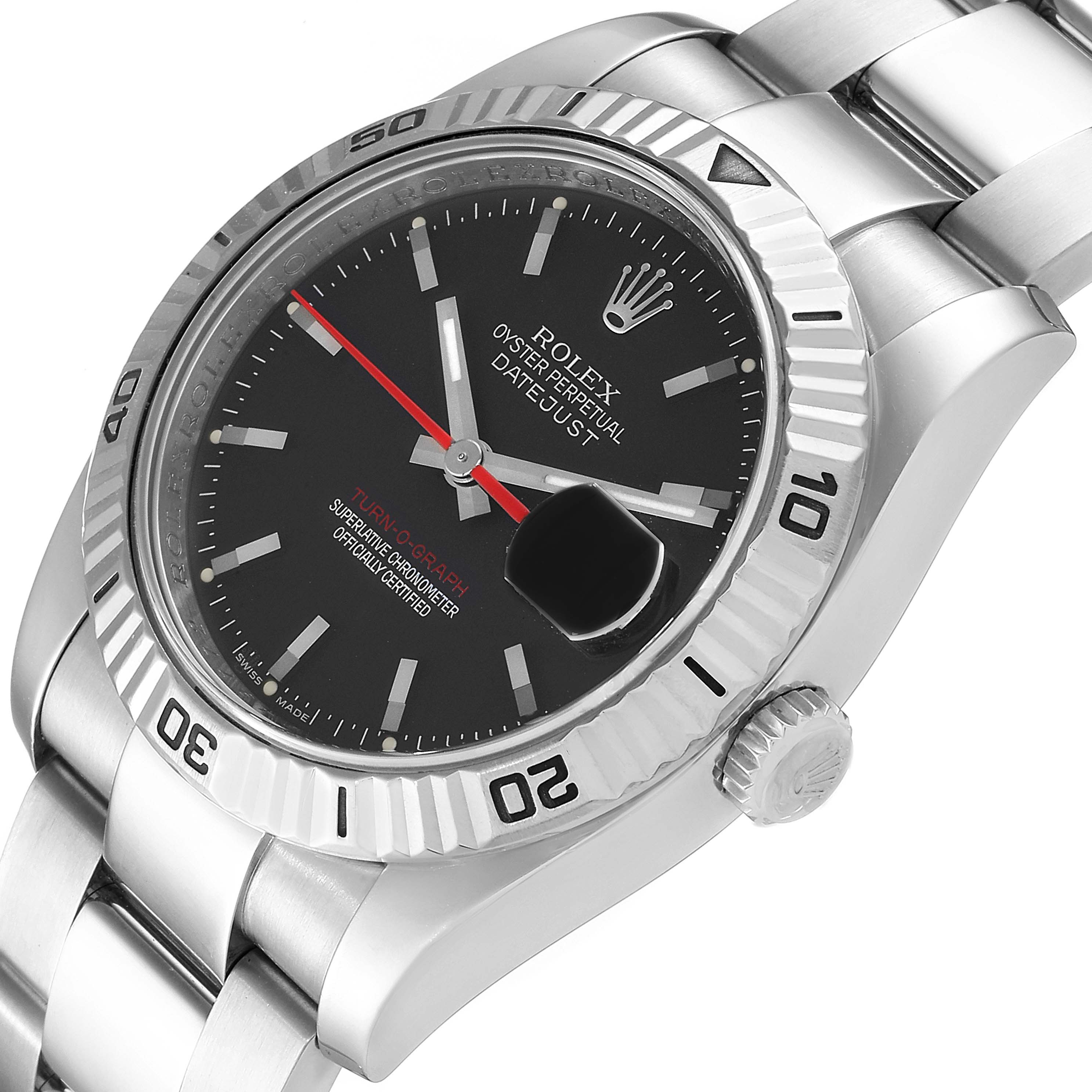 The Rolex Turn-o-Graph 116264 Men's Stainless Steel Black Dial 116264 Men's Stainless Steel Black Dial watch is shown at a slight angle, highlighting the bezel, face, crown, and part of the bracelet.