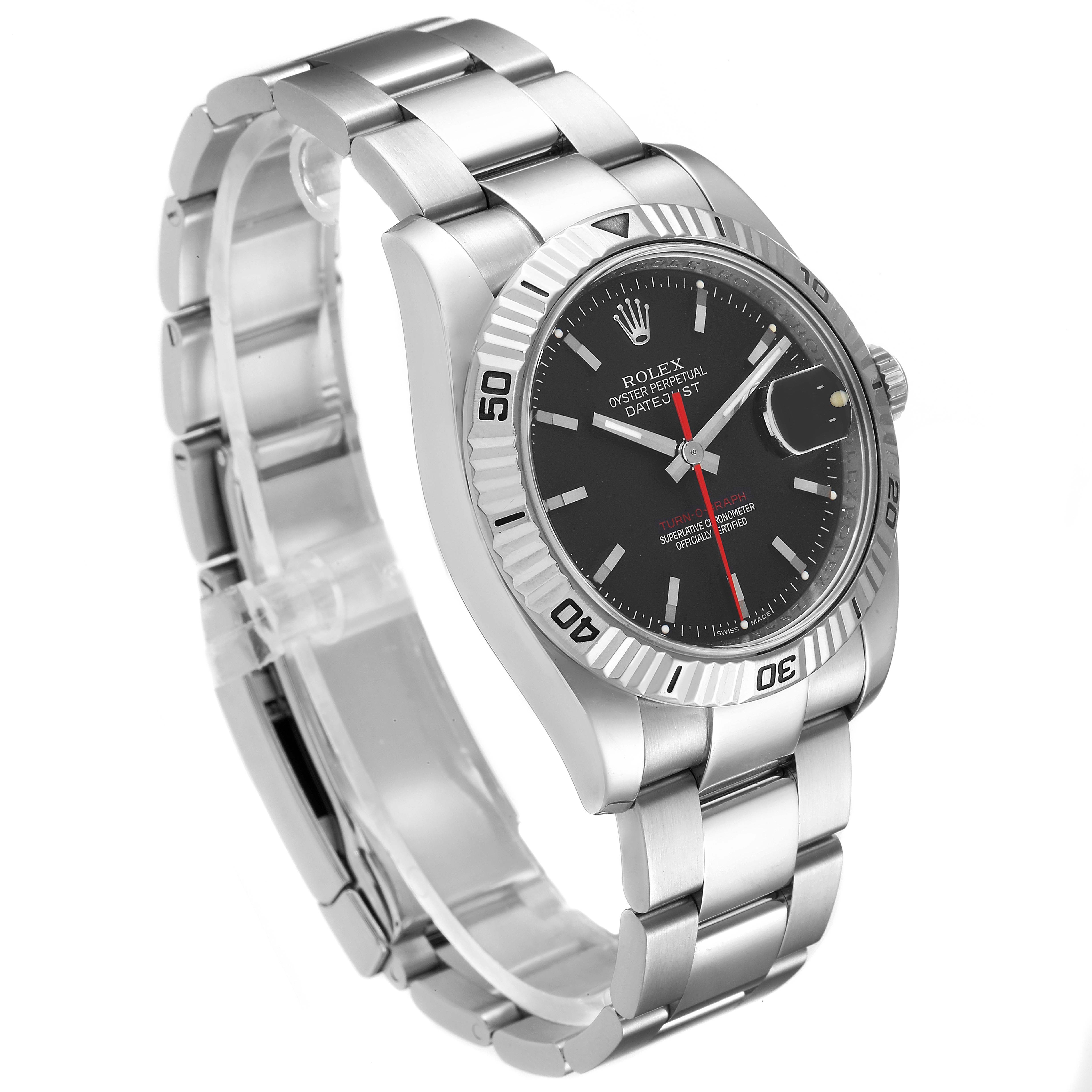 The image shows a Rolex Turn-o-Graph 116264 Men's Stainless Steel Black Dial 116264 Men's Stainless Steel Black Dial watch at an angle highlighting the dial, bezel, bracelet, and crown.