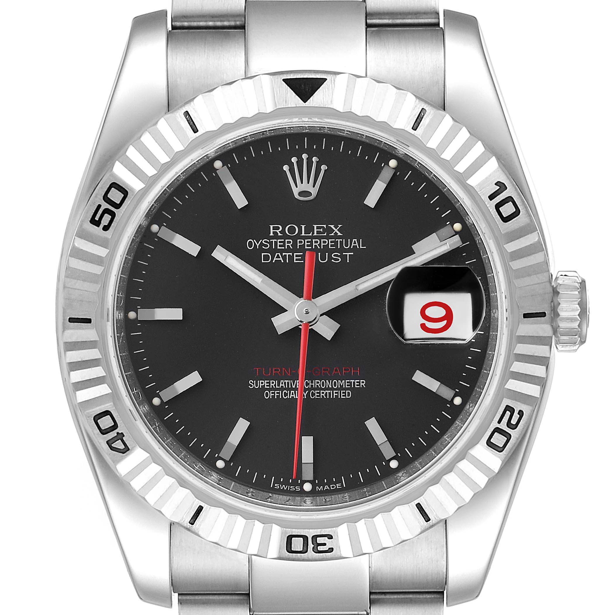 The image shows a front view of the Rolex Turn-o-Graph 116264 Men's Stainless Steel Black Dial 116264 Men's Stainless Steel Black Dial watch, highlighting its dial, bezel, and bracelet.