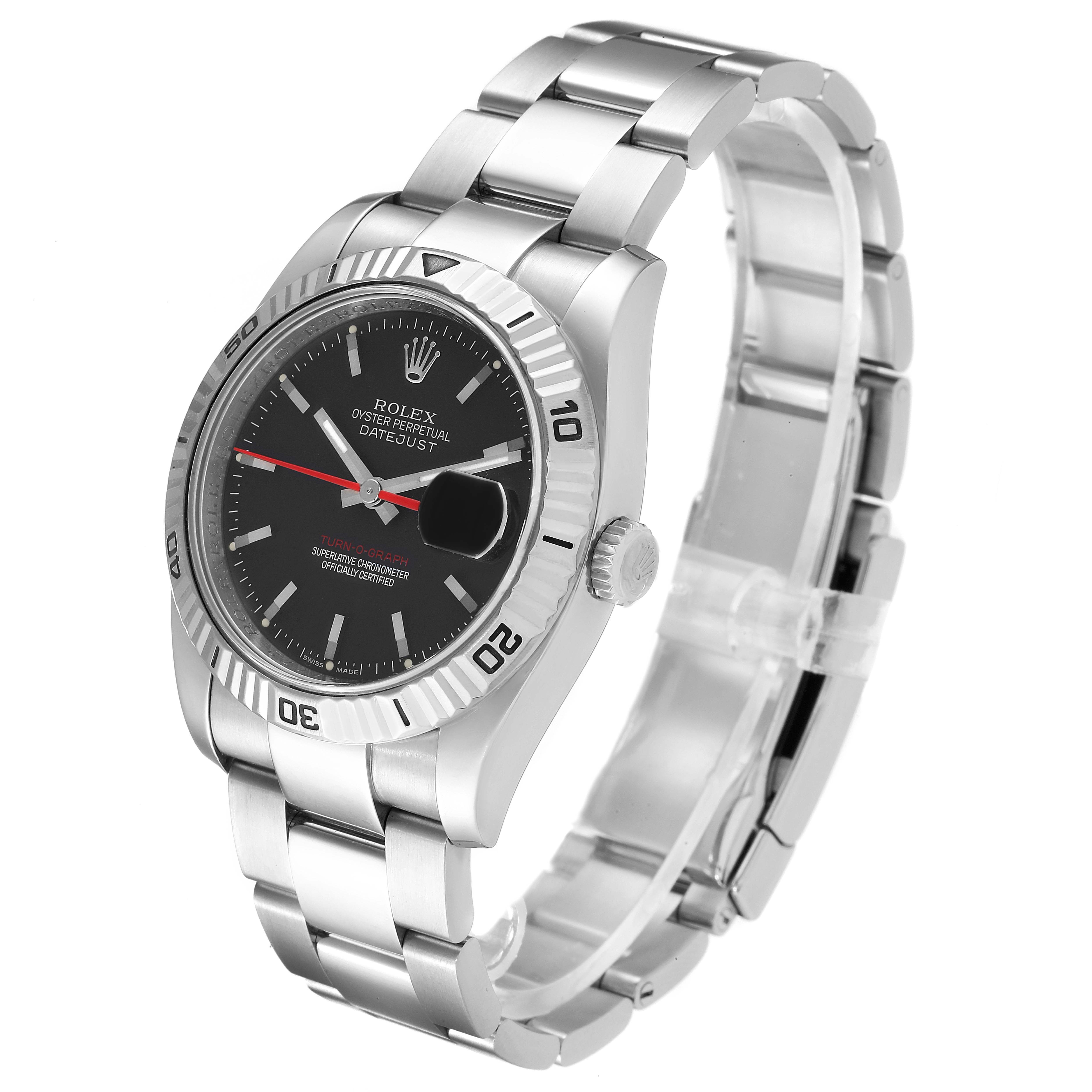 The image shows a Rolex Turn-o-Graph 116264 Men's Stainless Steel Black Dial 116264 Men's Stainless Steel Black Dial watch, featuring a black dial, bezel, and bracelet, angled slightly from the top-left.