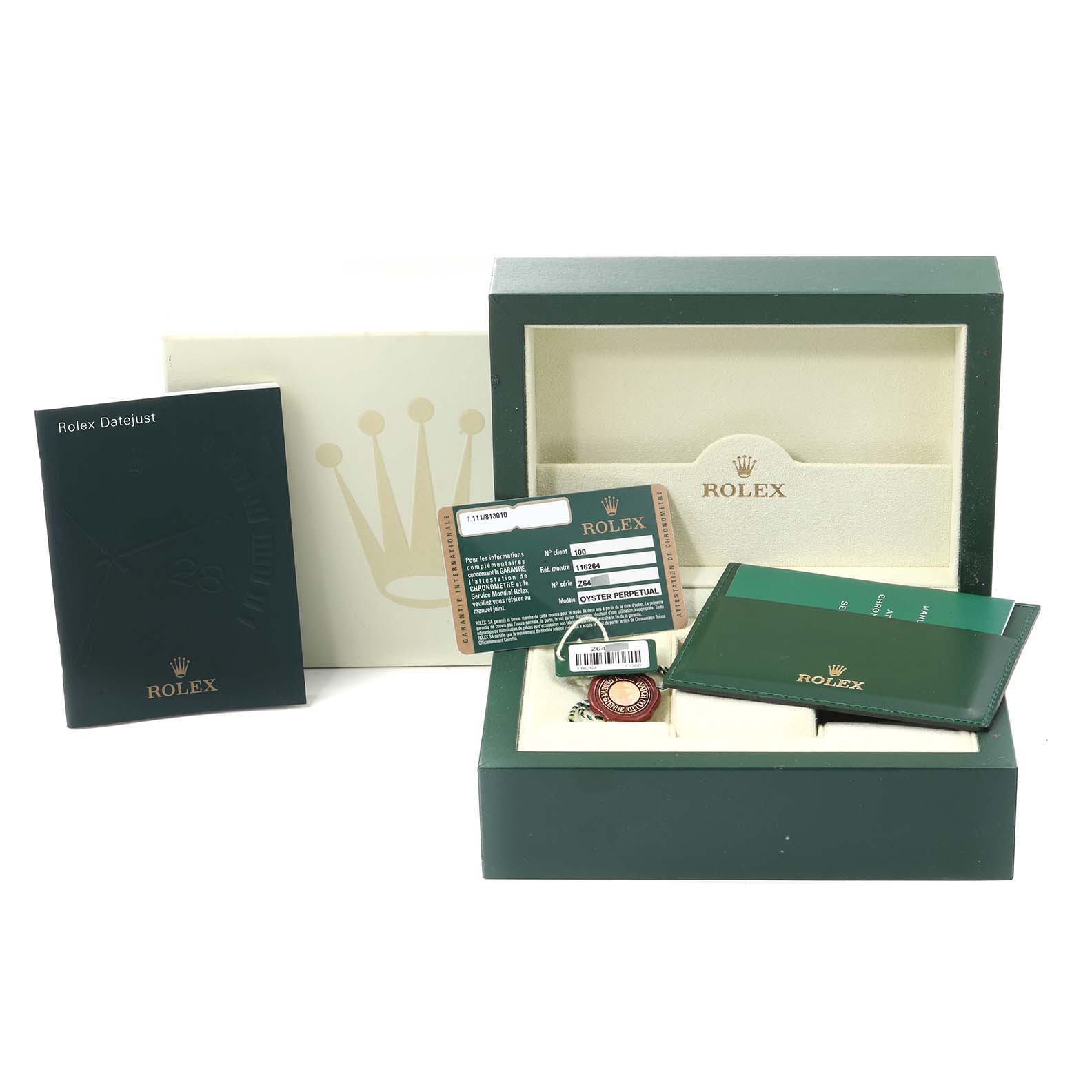 The image shows the box, warranty card, booklet, and cardholder for a Rolex Turn-o-Graph 116264 Men's Stainless Steel Black Dial 116264 Men's Stainless Steel Black Dial watch, displayed from the front.