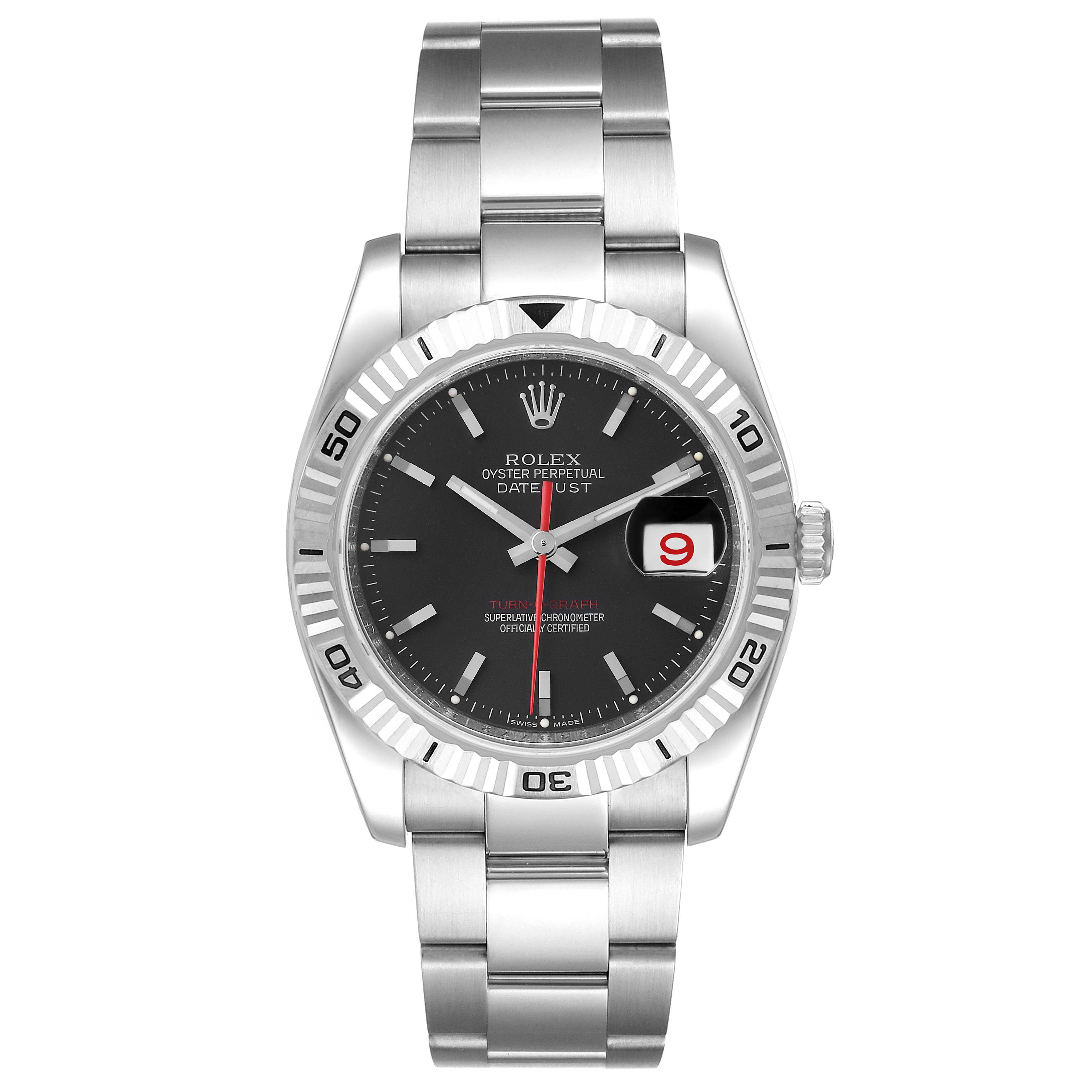 The image shows a front view of the Rolex Turn-o-Graph 116264 Men's Stainless Steel Black Dial 116264 Men's Stainless Steel Black Dial watch, showcasing its dial, bezel, bracelet, and date window.