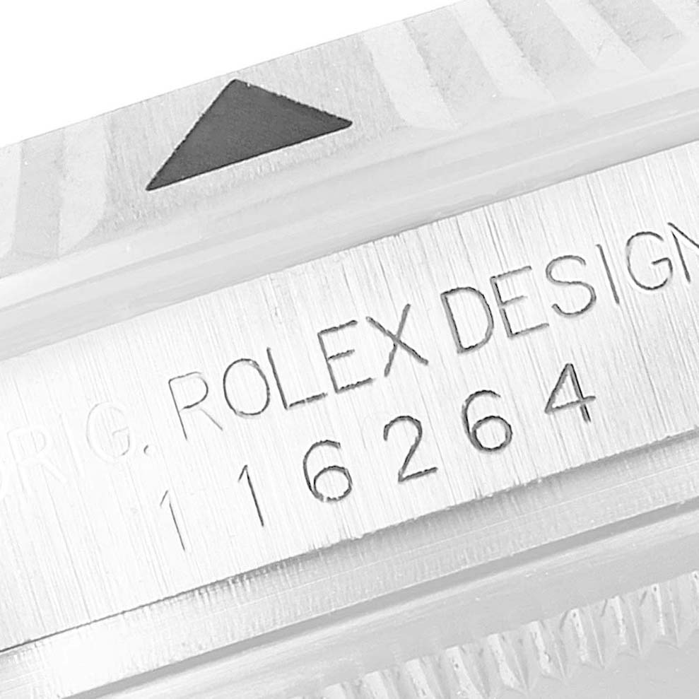 The image shows a close-up of the bezel and case side of the Rolex Turn-o-Graph 116264 Men's Stainless Steel Black Dial 116264 Men's Stainless Steel Black Dial model, with "ROLEX DESIGN" and the reference number engraved.
