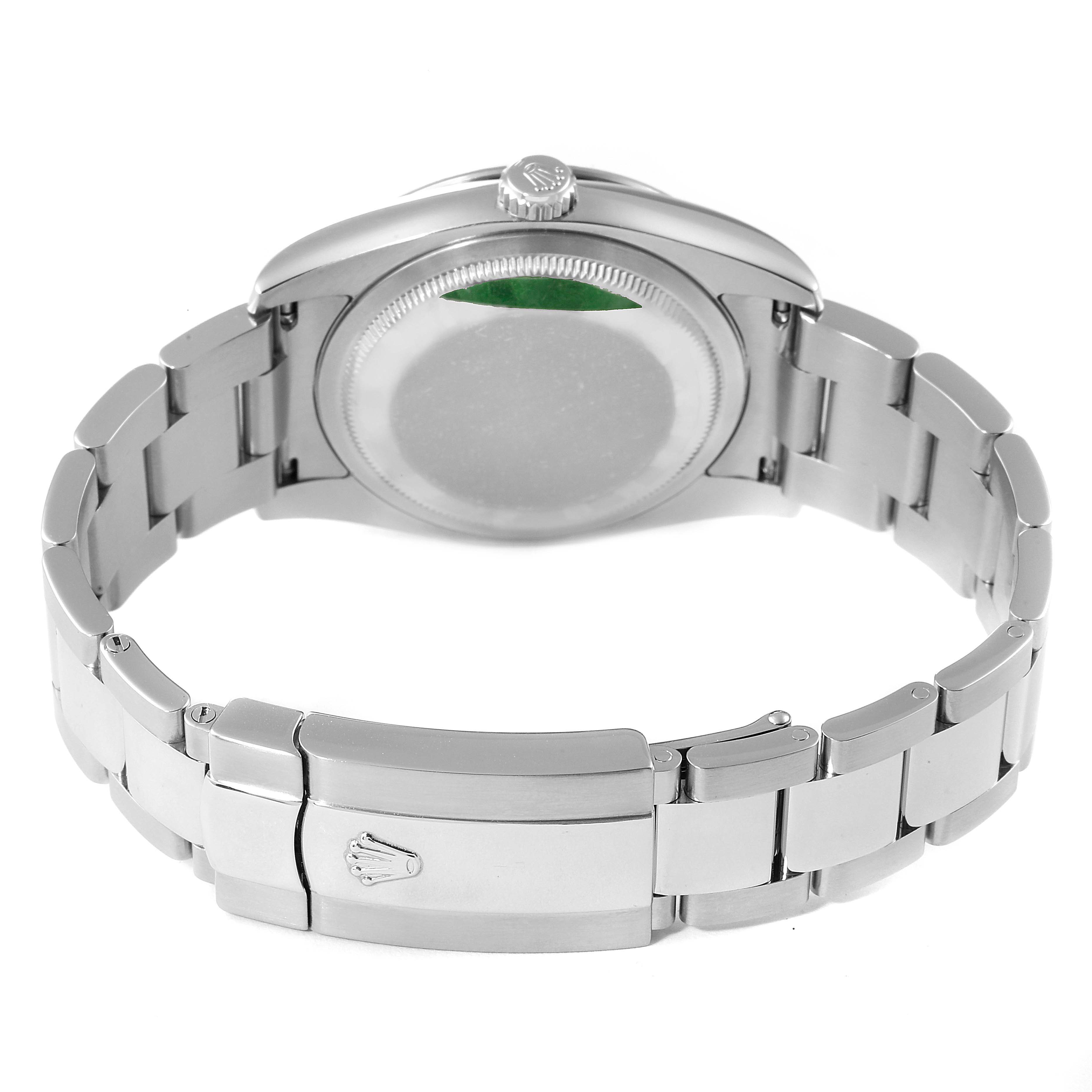 The image shows the back view of a Rolex Turn-o-Graph 116264 Men's Stainless Steel Black Dial 116264 Men's Stainless Steel Black Dial watch, highlighting its clasp, bracelet, case back, and crown.