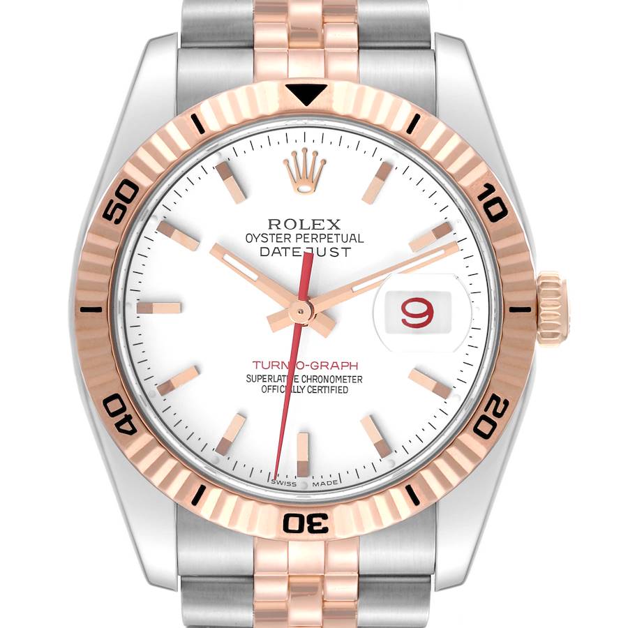 The Rolex Datejust 116261 Men's Stainless Steel White Dial watch is shown from the front, highlighting its face, bezel, crown, and part of the bracelet.