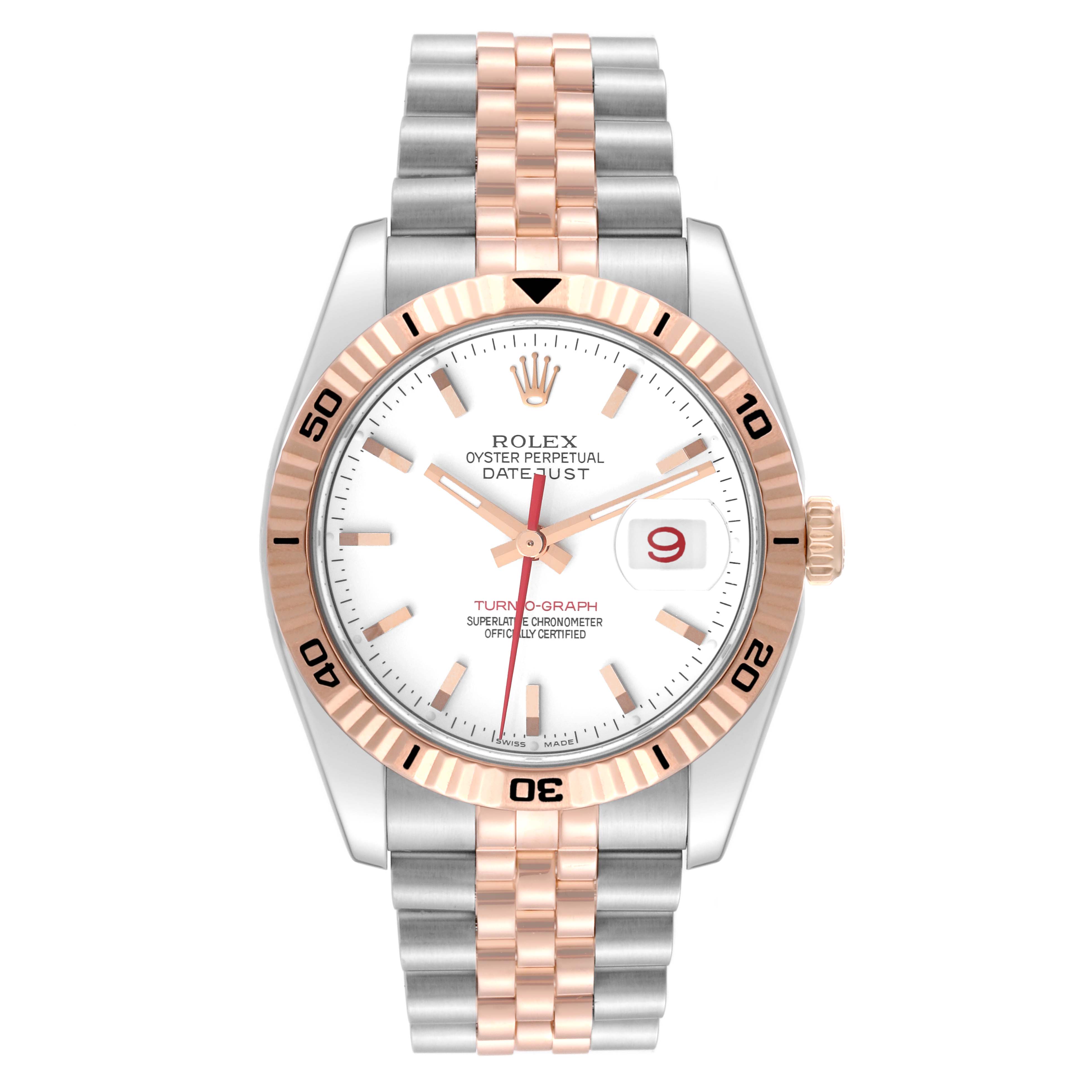 The Rolex Datejust 116261 Men
s Stainless Steel White Dial watch is viewed from the front, showing the dial, bezel, crown, and bracelet.