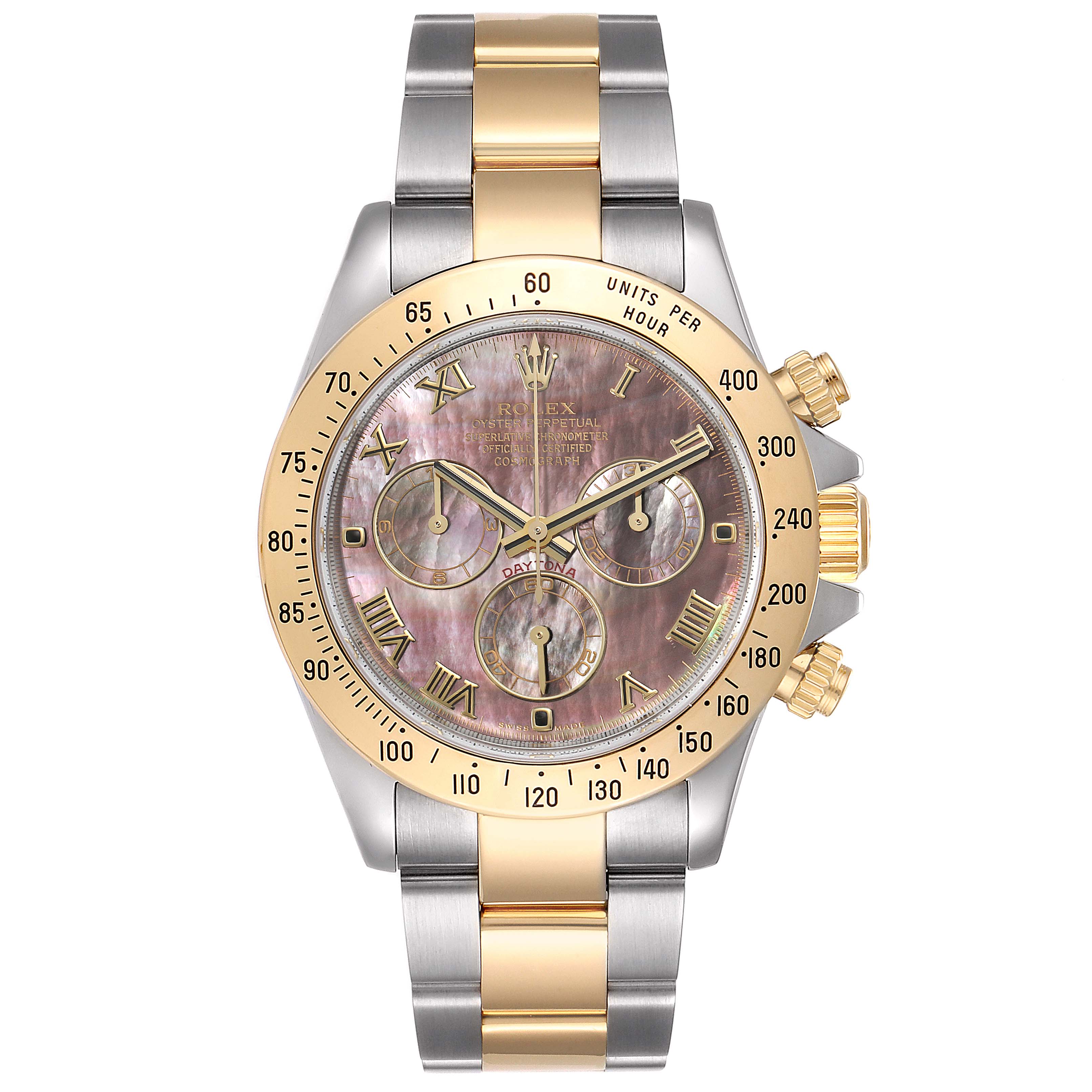 This image shows a frontal view of a Rolex Daytona 116523 Men
s Steel and Gold (two tone) Mother of Pearl Dial 116523 Men
s Steel and Gold (two tone) Mother of Pearl Dial watch, highlighting the dial, bezel, and bracelet.