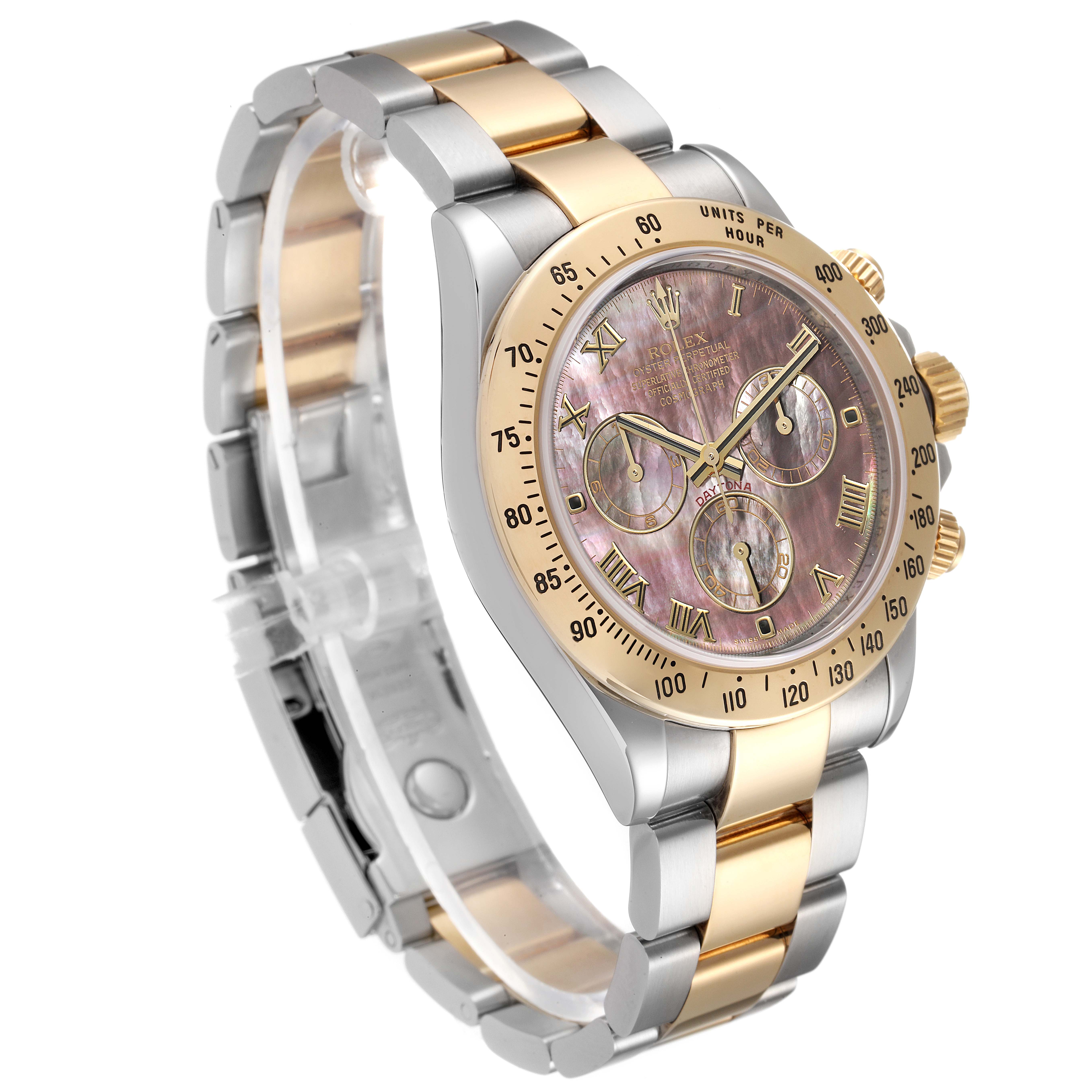 The Rolex Daytona 116523 Men
s Steel and Gold (two tone) Mother of Pearl Dial 116523 Men
s Steel and Gold (two tone) Mother of Pearl Dial watch is shown at an angle highlighting its gold and silver metal bracelet, bezel, and dial with three subdials.