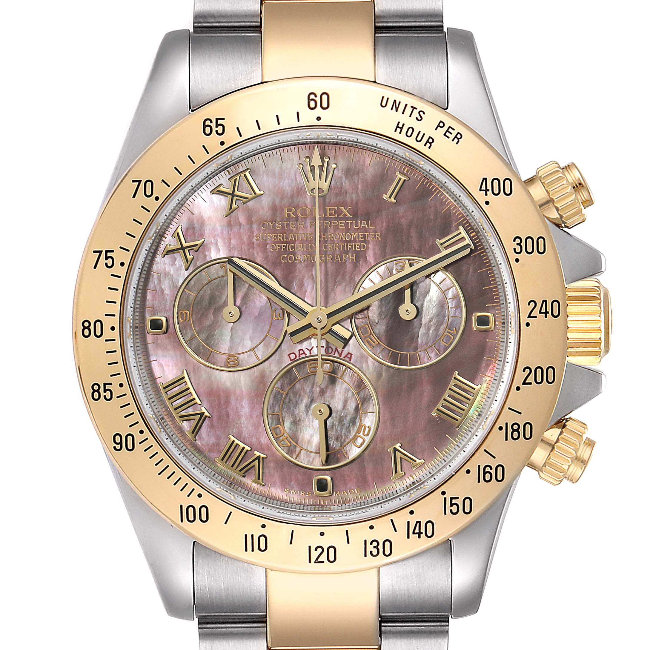 This image shows a frontal view of a Rolex Daytona 116523 Men
s Steel and Gold (two tone) Mother of Pearl Dial 116523 Men
s Steel and Gold (two tone) Mother of Pearl Dial watch, highlighting its bezel, dial, and chronograph subdials.