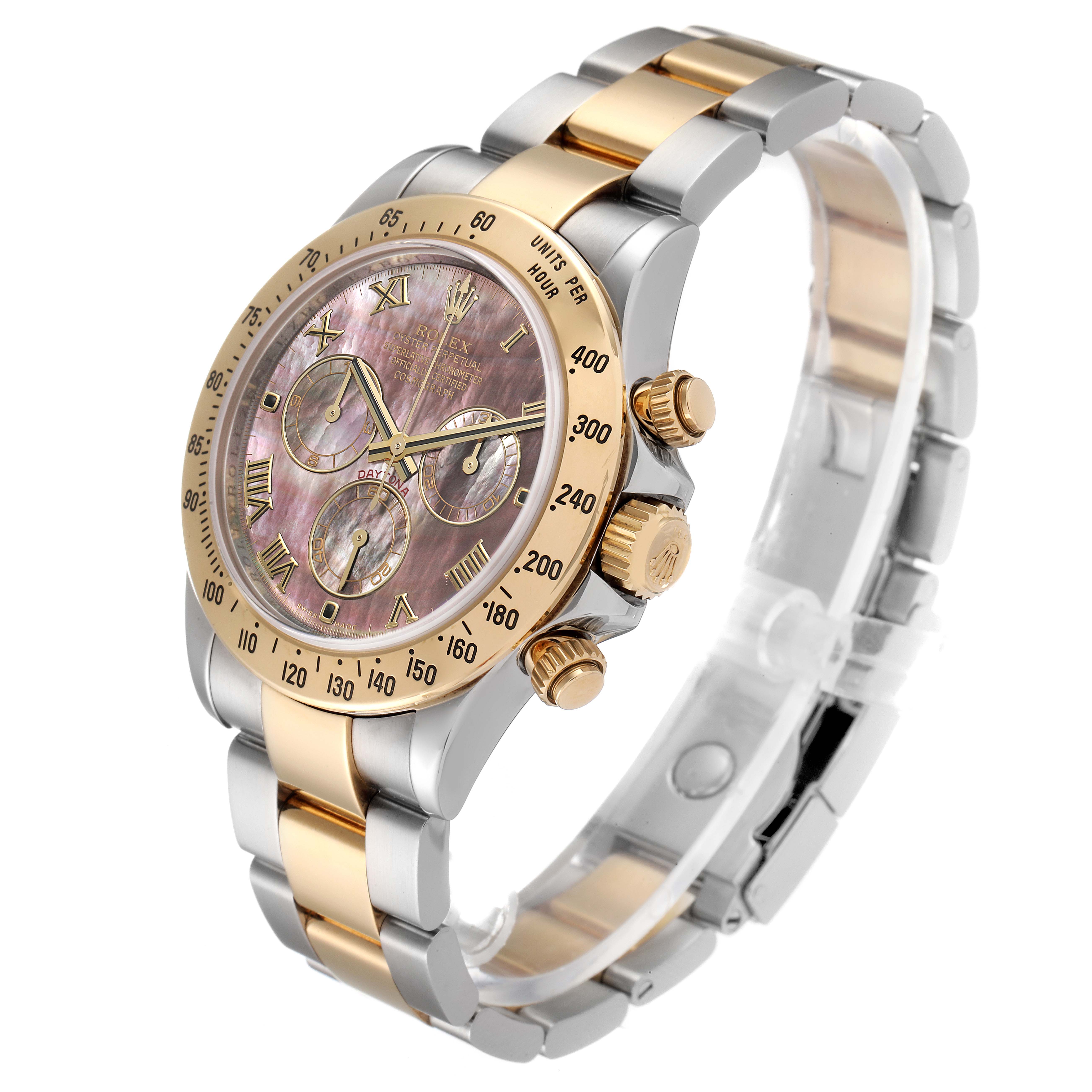 The Rolex Daytona 116523 Men
s Steel and Gold (two tone) Mother of Pearl Dial 116523 Men
s Steel and Gold (two tone) Mother of Pearl Dial watch is shown from a three-quarter angle, displaying the dial, bezel, crown, pushers, and bracelet.