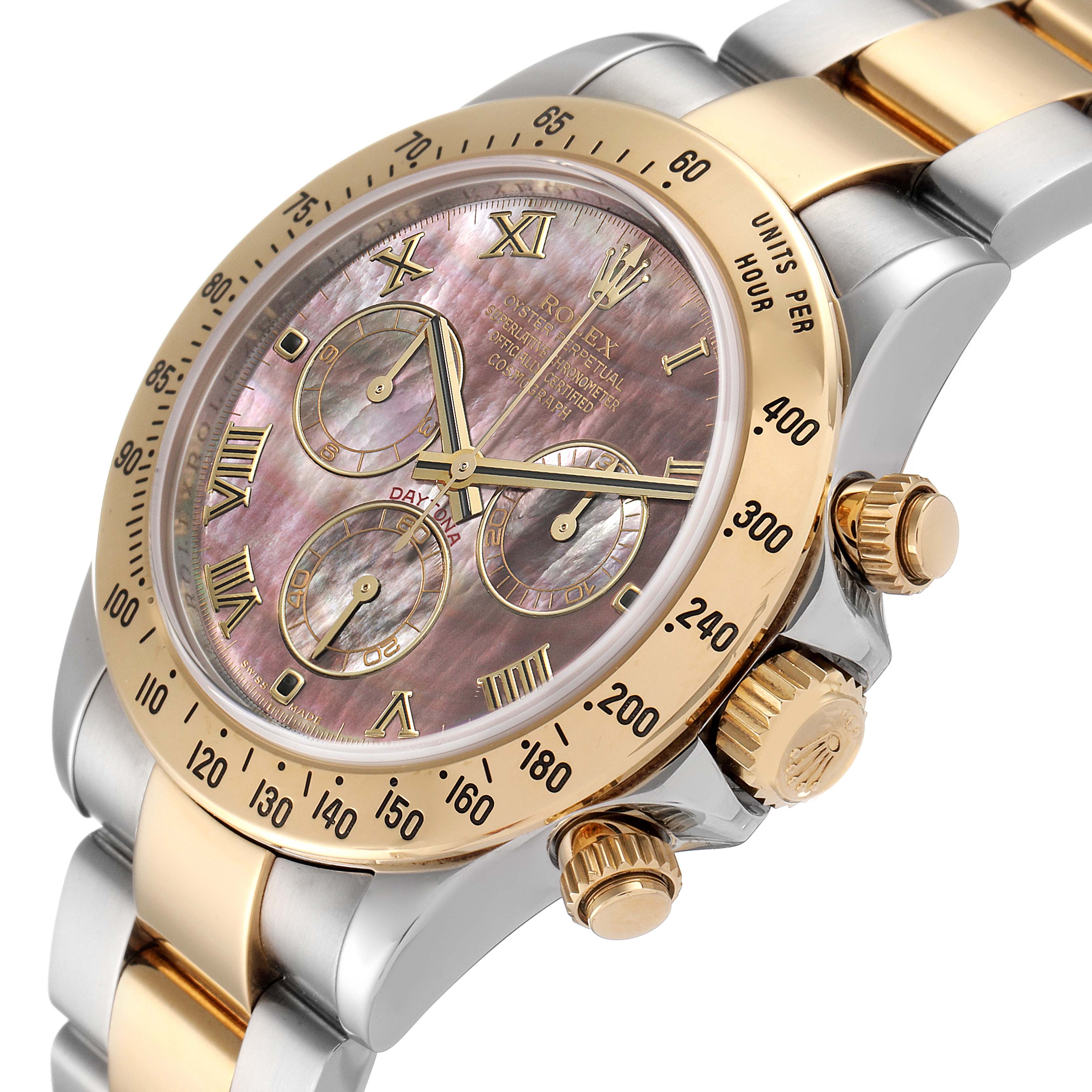 The image shows a side and frontal angle of a Rolex Daytona 116523 Men
s Steel and Gold (two tone) Mother of Pearl Dial 116523 Men
s Steel and Gold (two tone) Mother of Pearl Dial watch, highlighting its dial, bezel, and two-tone bracelet.