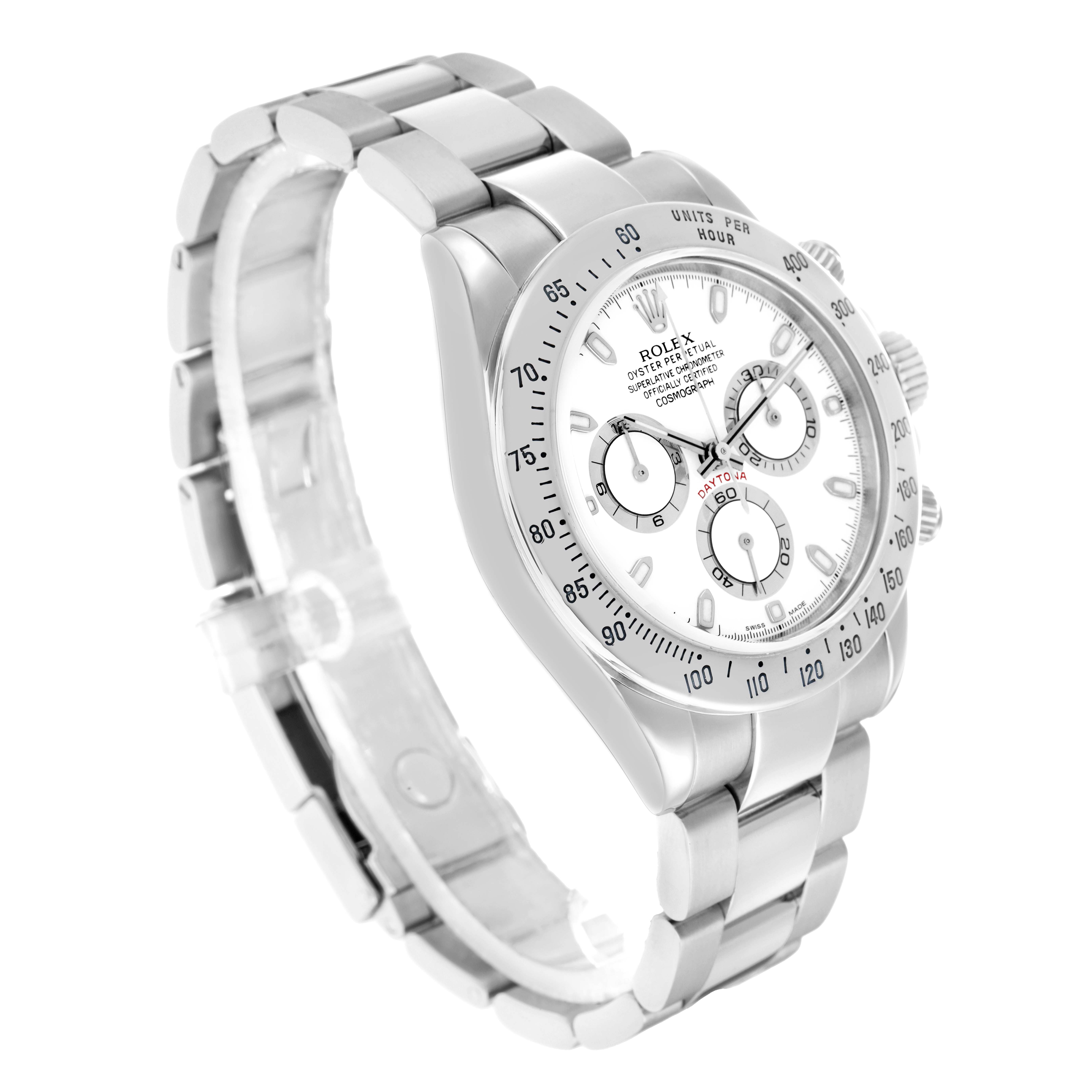 The Rolex Daytona 116520 Men
s Stainless Steel White Dial watch is shown at a slightly angled side view, highlighting its dial, bezel, and bracelet.