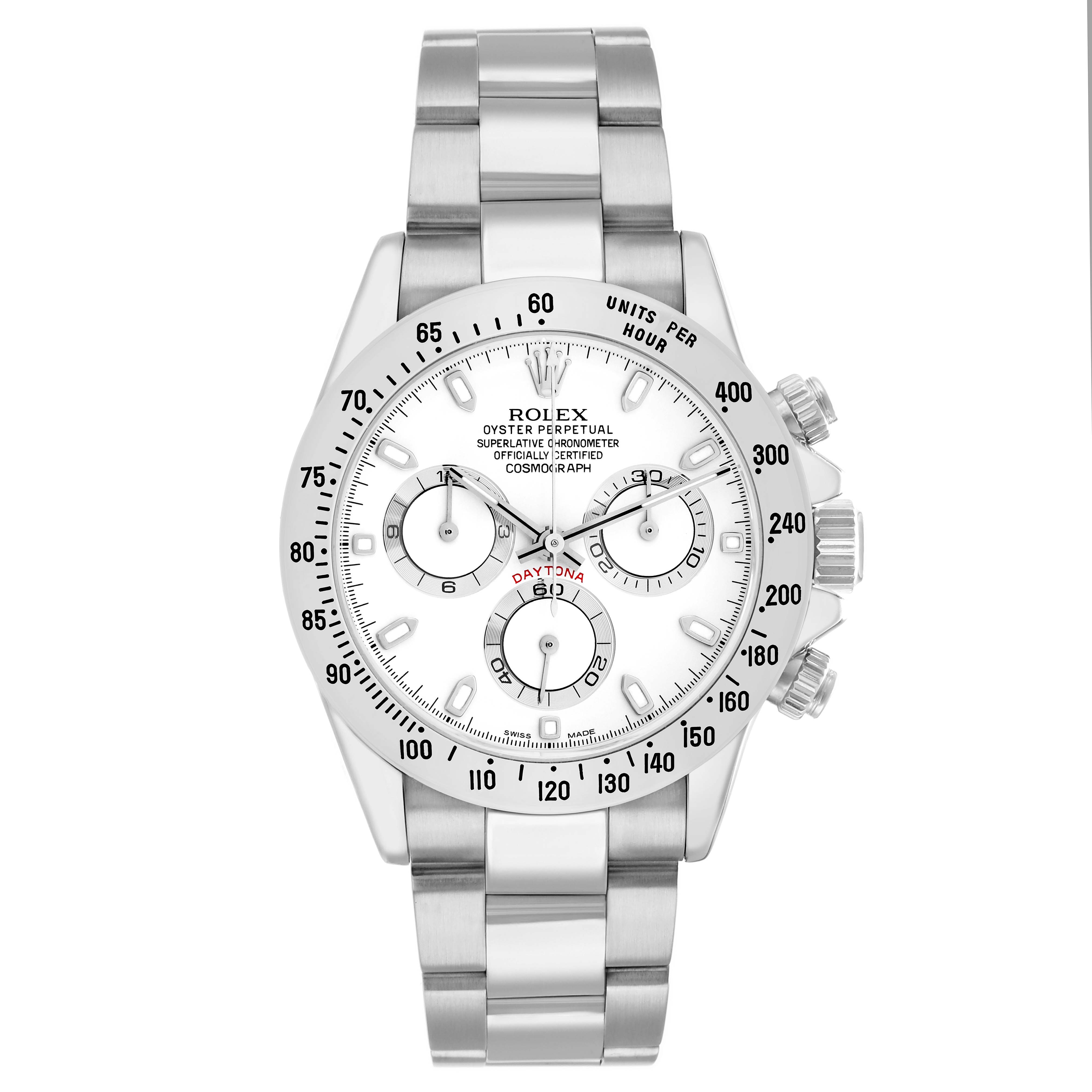 The Rolex Daytona 116520 Men
s Stainless Steel White Dial watch is shown from the front, displaying its dial, bezel, and bracelet.