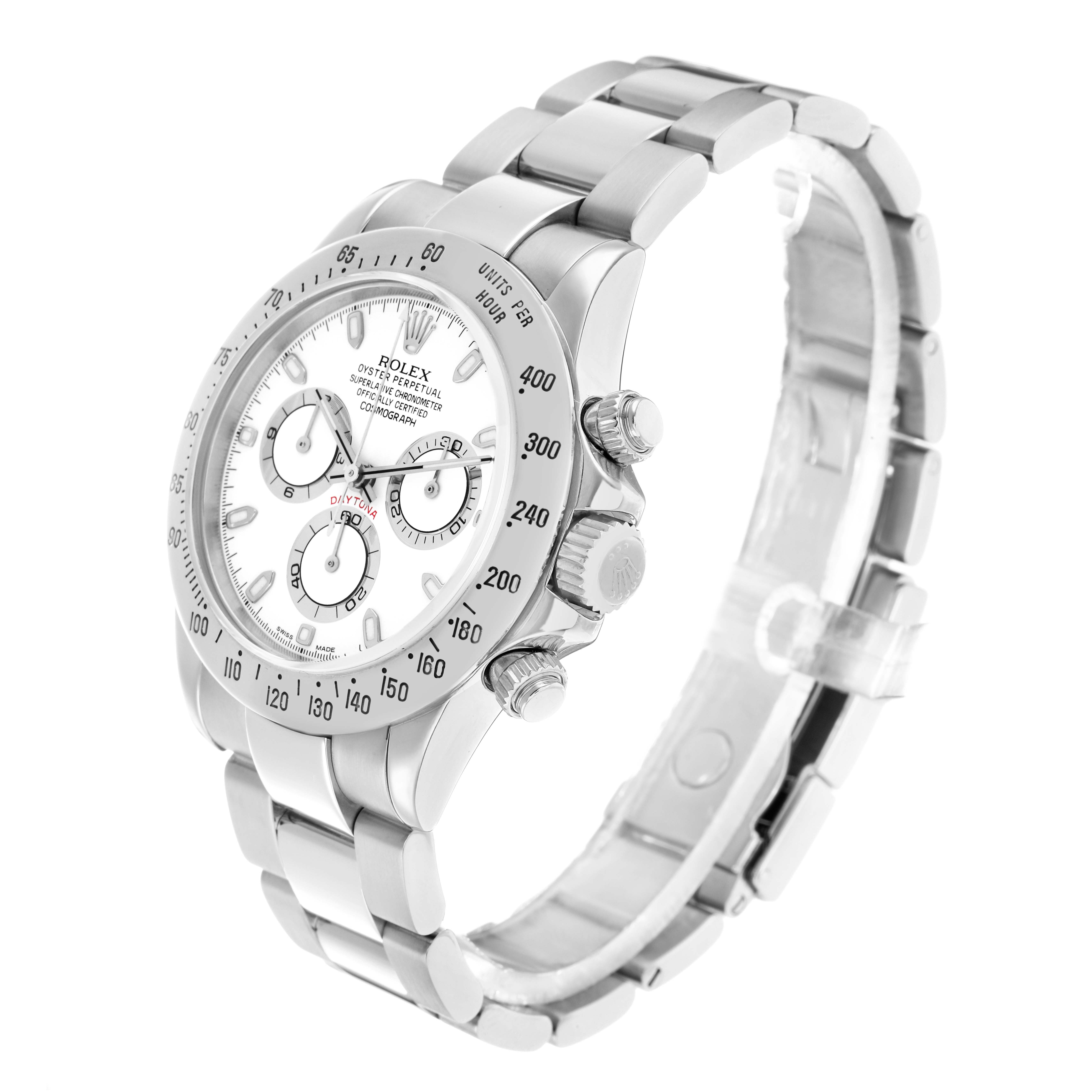 The Rolex Daytona 116520 Men
s Stainless Steel White Dial watch is shown at a side angle, highlighting the dial, bezel, crown, pushers, and bracelet.