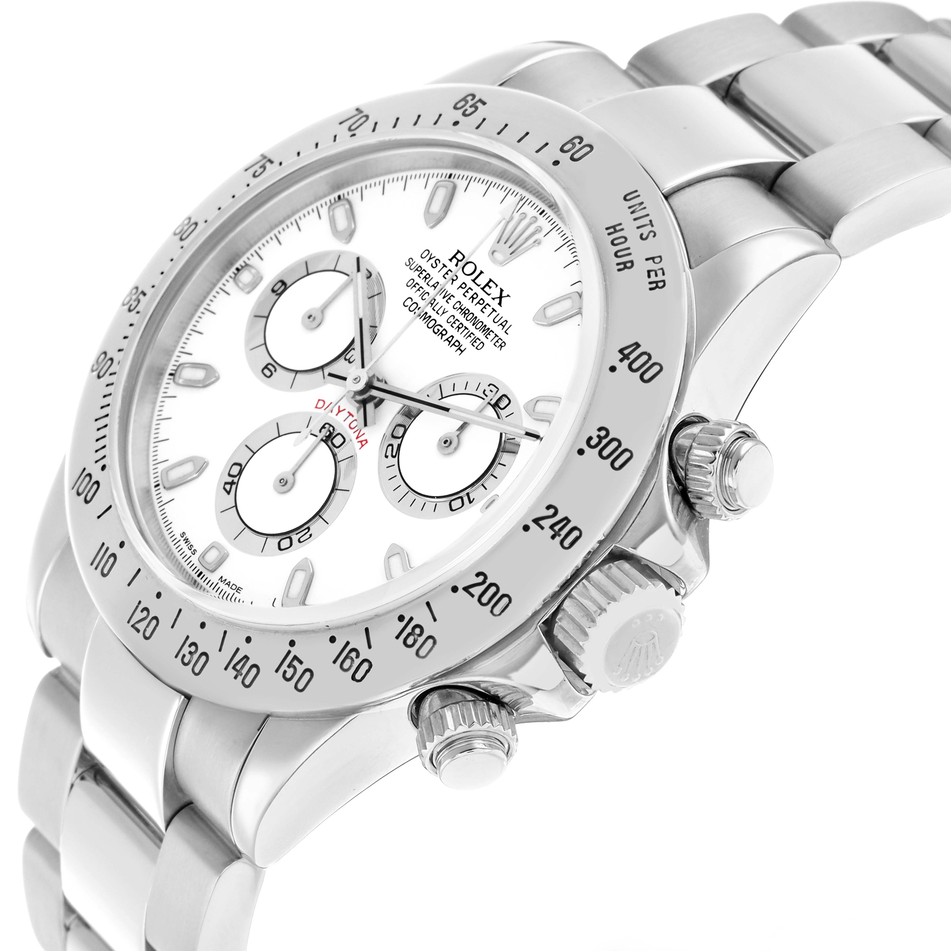 The Rolex Daytona 116520 Men
s Stainless Steel White Dial watch is shown at a slight angle, highlighting its bezel, dial, and side crown.
