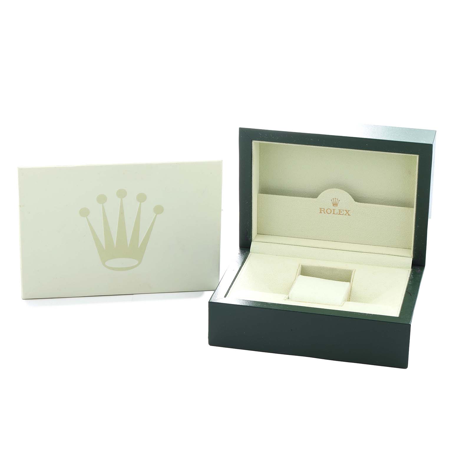 The image shows an open Rolex Daytona 116520 Men
s Stainless Steel White Dial watch box with an outer box, both displaying the Rolex logo.