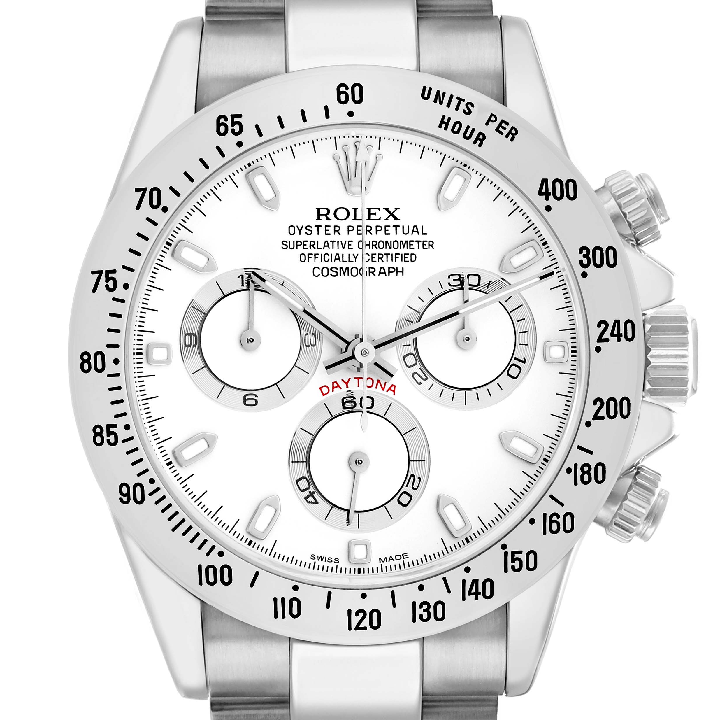 The Rolex Daytona 116520 Men
s Stainless Steel White Dial watch is shown from the front, highlighting the dial, bezel, and pushers.