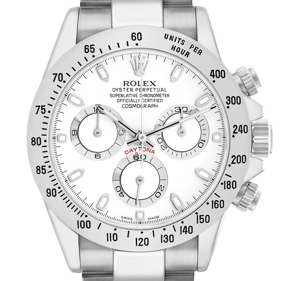 The Rolex Daytona 116520 Men's Stainless Steel White Dial watch is shown from the front, highlighting the dial, bezel, and pushers.