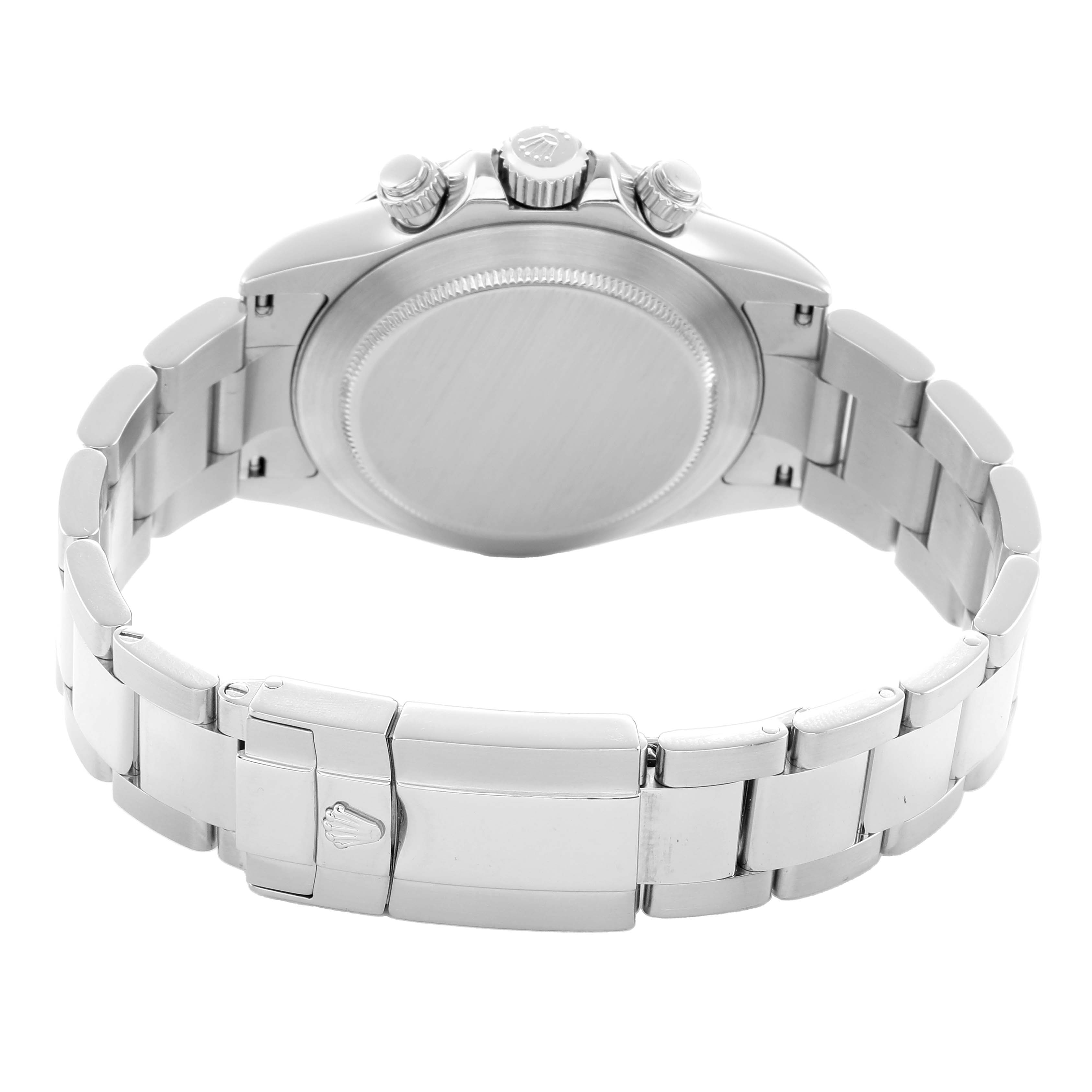 The image shows the back view of a Rolex Daytona 116520 Men
s Stainless Steel White Dial watch, highlighting the case back, bracelet, and clasp.